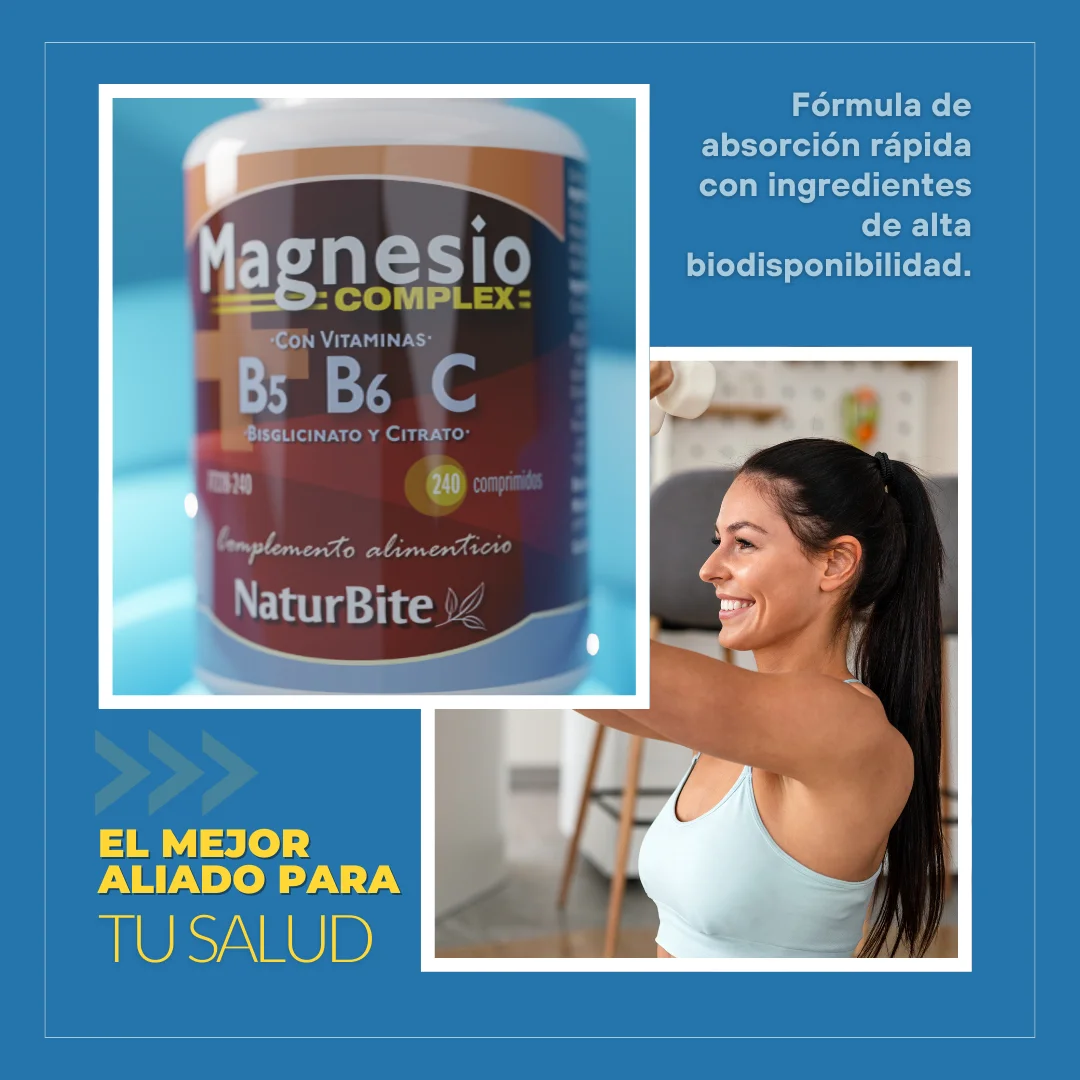 Naturbite magnesium complex with vitamins b5, b6 and c – magnesium citrate and bisglycinate tablets for energy, wellbeing and nervous function, vegan and highly absorbed formula. Improve magnesium intake with this symbiotic formulation.