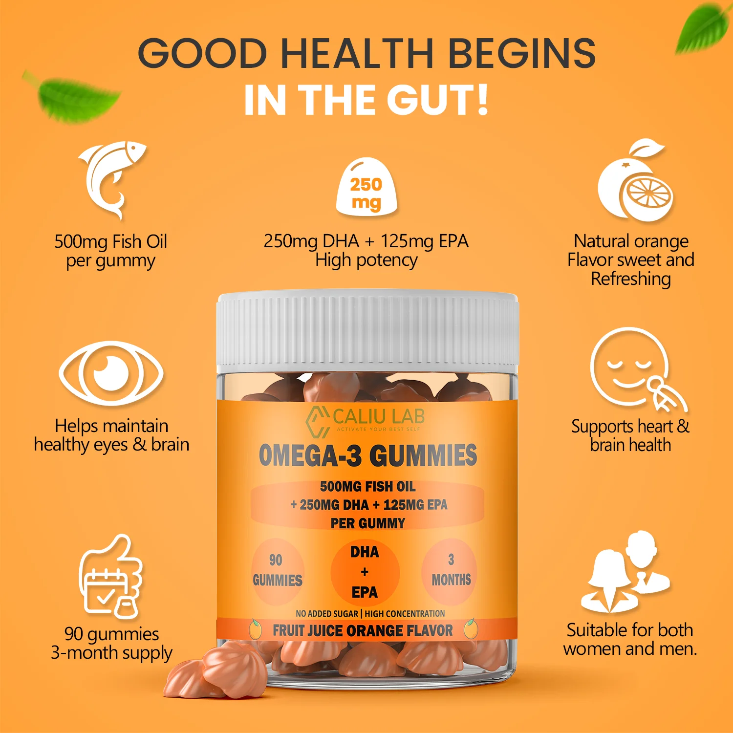 Omega-3 gummies +500 mg fish oil +250 mg dha +125 mg epa - brain, eye, cardiovascular health - orange flavor - 90 gummies - 3 months - maximum concentration of omega 3 fatty acids epa and dha #3