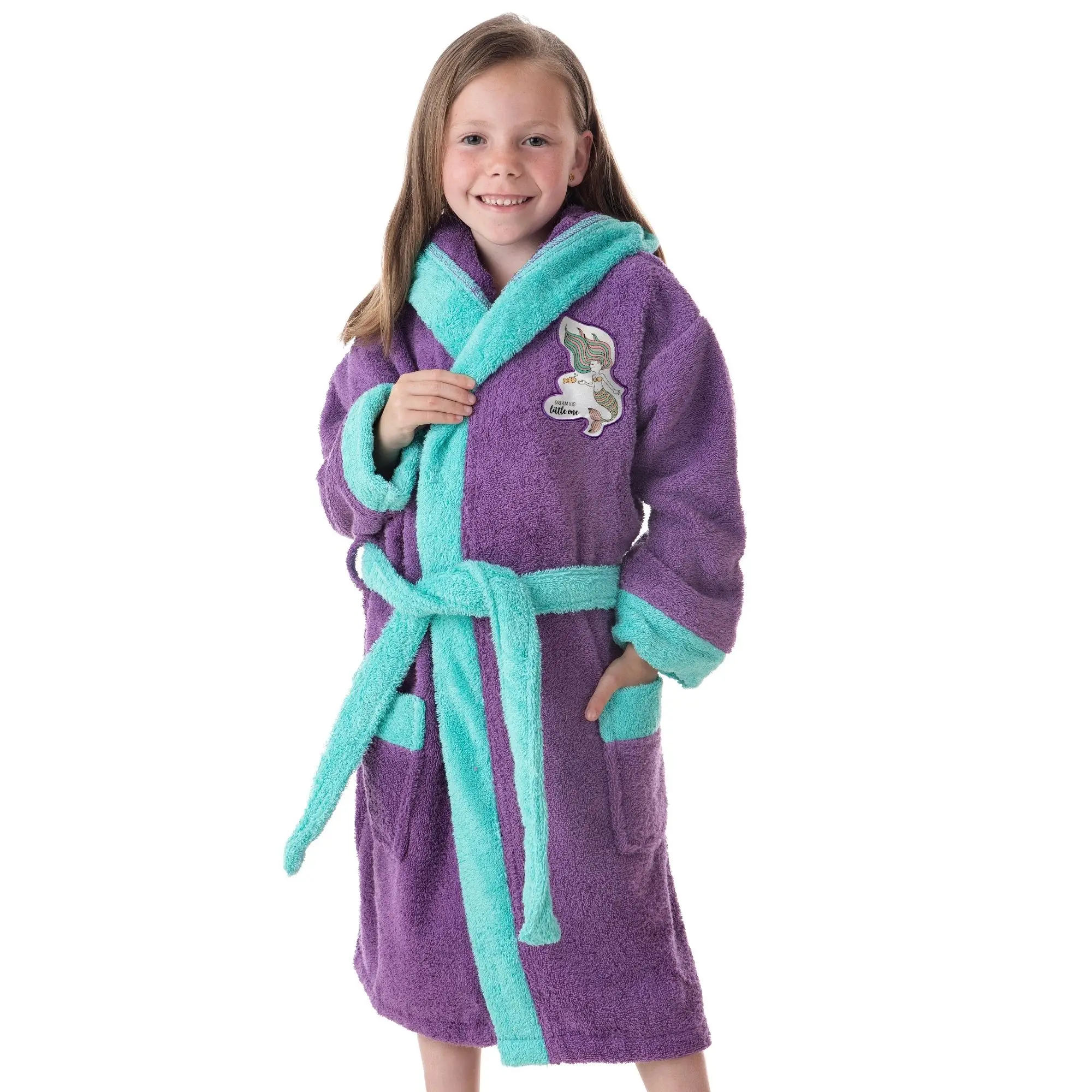 Girl's Natural cotton bathrobe 100% hood and pockets little mermaid Dream Big by DHESTIA HOME