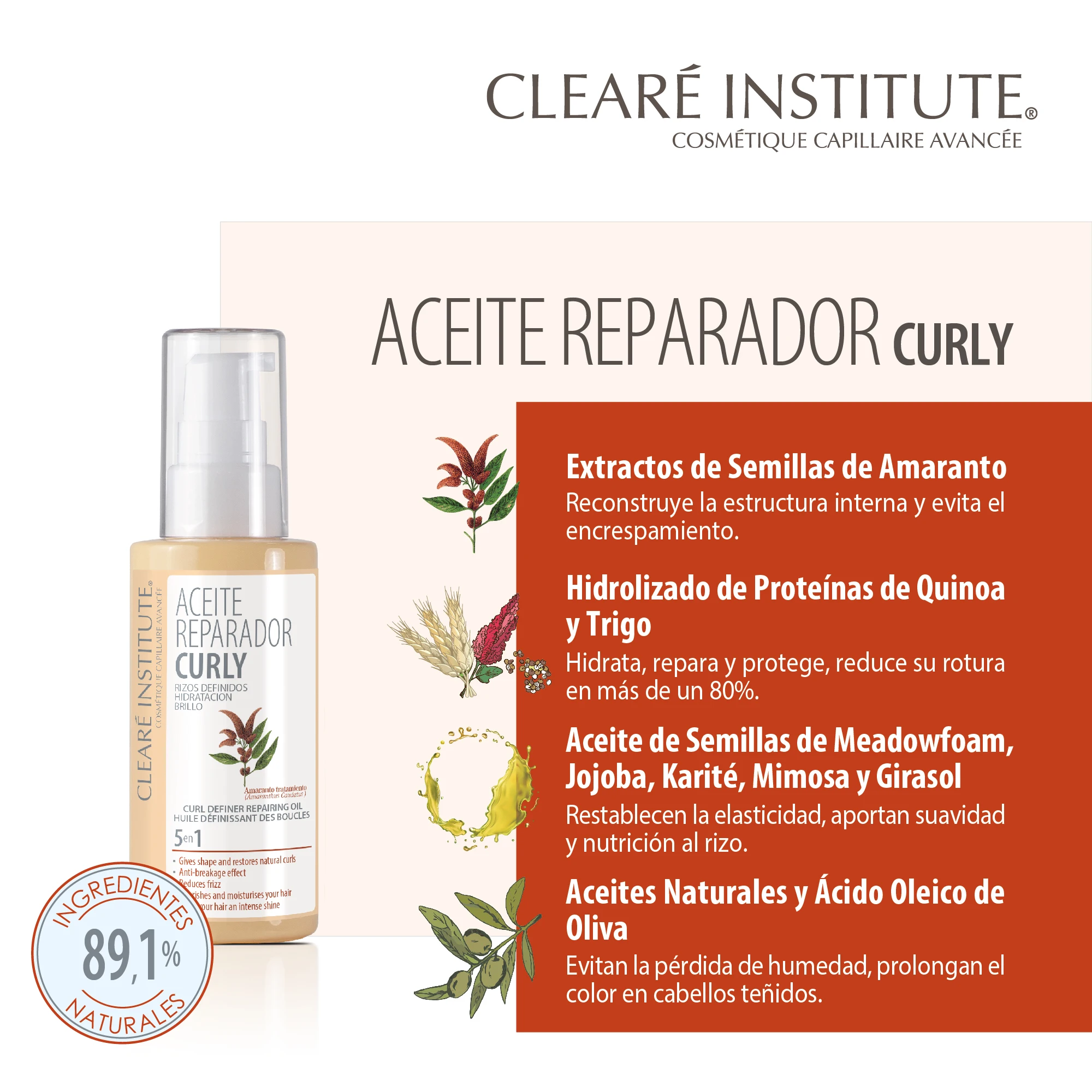 Clearé Institute Repair Oil for Curly Hair - Hydrating Treatment with 89% Natural Ingredients, Anti-Frizz, Enhances Curl Definition, 50ml, Ideal for Curly Method, Nourishes and Restores Dry Hair.