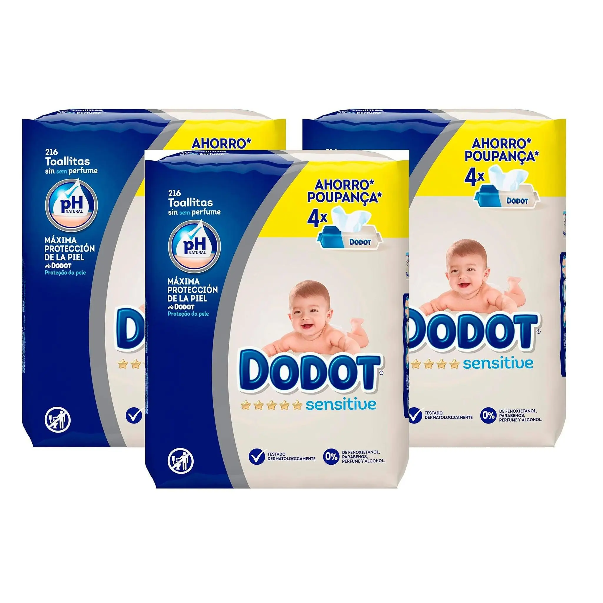 Caja de 3- Toallitas Dodot Sensitive para bebé 12 paquetes de 54 unidades (648 toallitas) - Suavidad clínicamente probada, diseñadas para la piel delicada de tu bebé