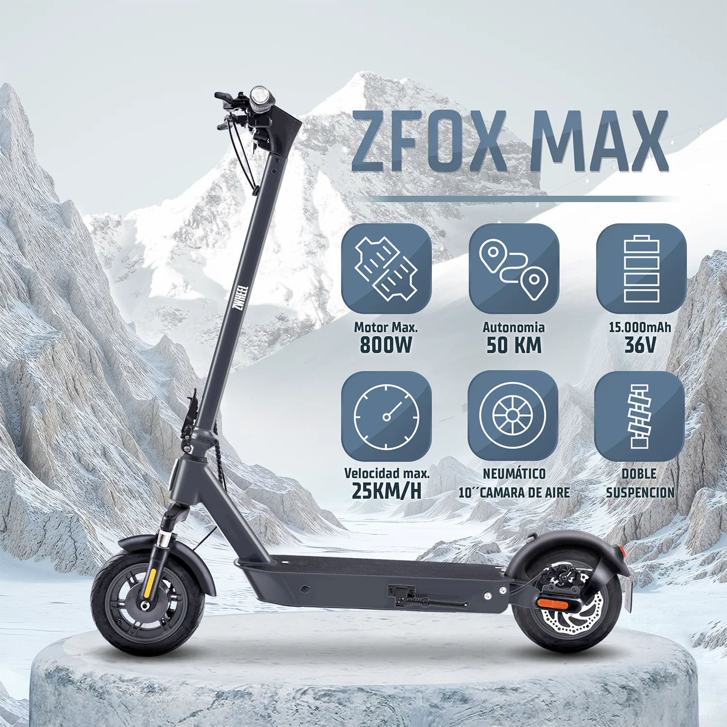 Patinete Eléctrico Zfox Max Zwheel Plegable con App, Motor 800W, Autonomía 50km, Suspensión Ruedas 10″- Homologado DGT 3