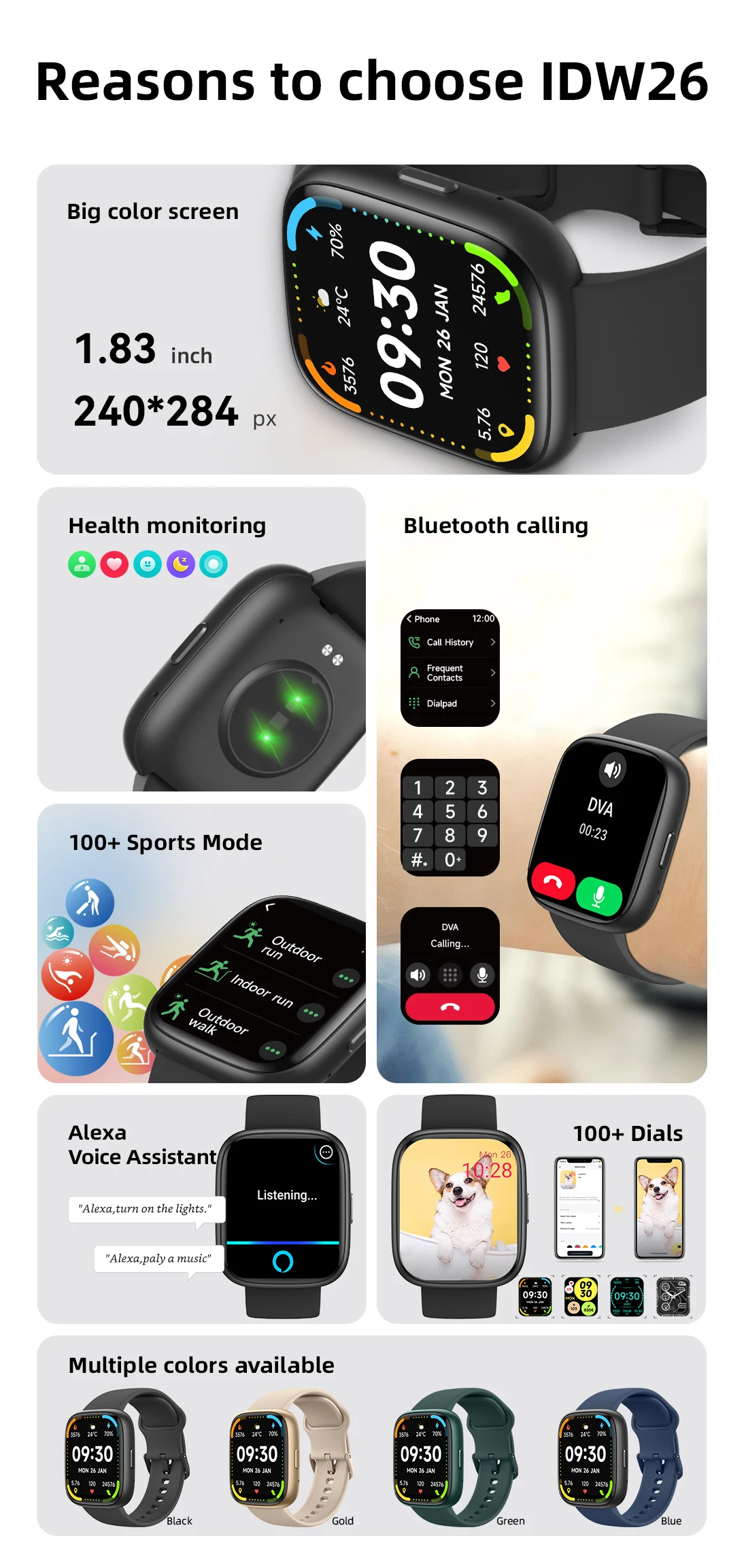 Smartwatch 1.83" TFT-LCD IP68 with Bluetooth Calling, Alexa, 100 Sports Modes, Heart Rate and Sleep Monitor, Customizable Dials, 300 mAh Battery for iOS and Android, Smart Watch for Men and Women