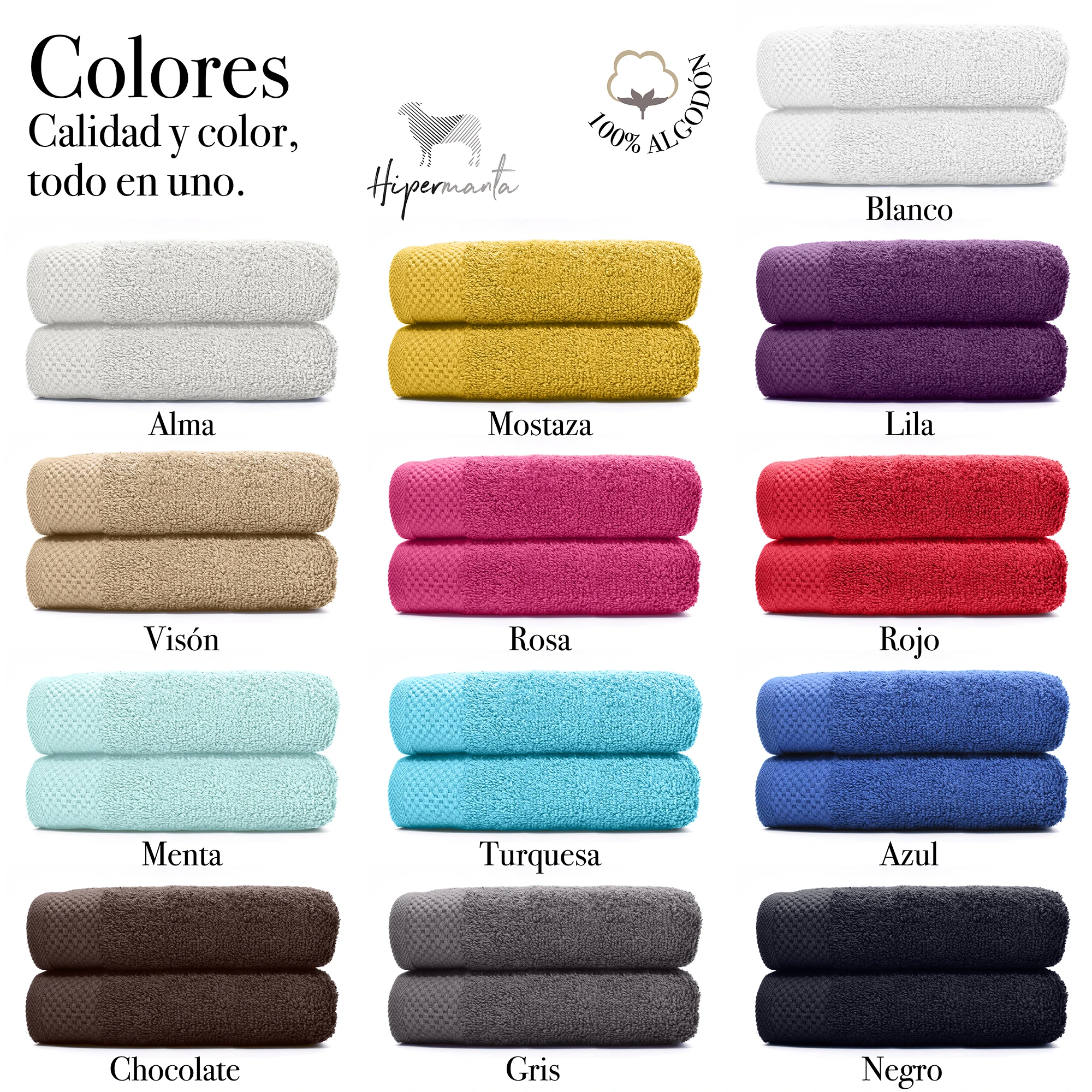 HIPERMANTA. Toalla 100% ALGODON RIZO 500 grs. Tamaño: DUCHA (70X140 cm). Tacto suave y agradable. Muy absorbente.