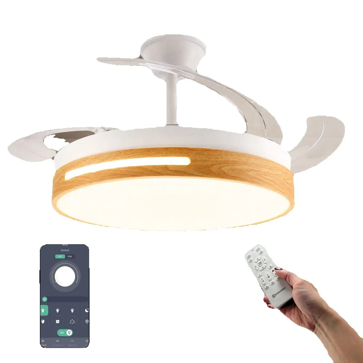 LEDSTOREPLUS - Ventilador de techo con luz y mando, modelo retráctil DC, ultra silencioso (desde 8,3 dB), regulable en 6 velocidades, con función verano/invierno y 3 temperaturas de color, ideal para