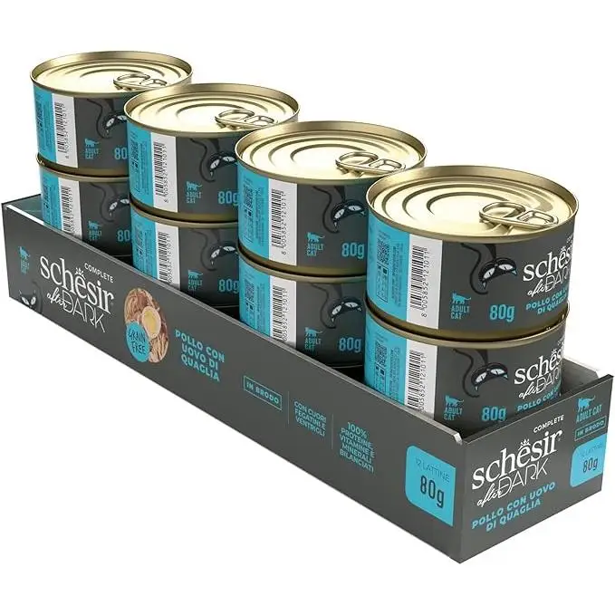 Schesir After Dark, Sabor Pollo y huevo de codorniz en caldo alimento húmedo Completo para Gatos Adultos (latas 12 de 80 g)