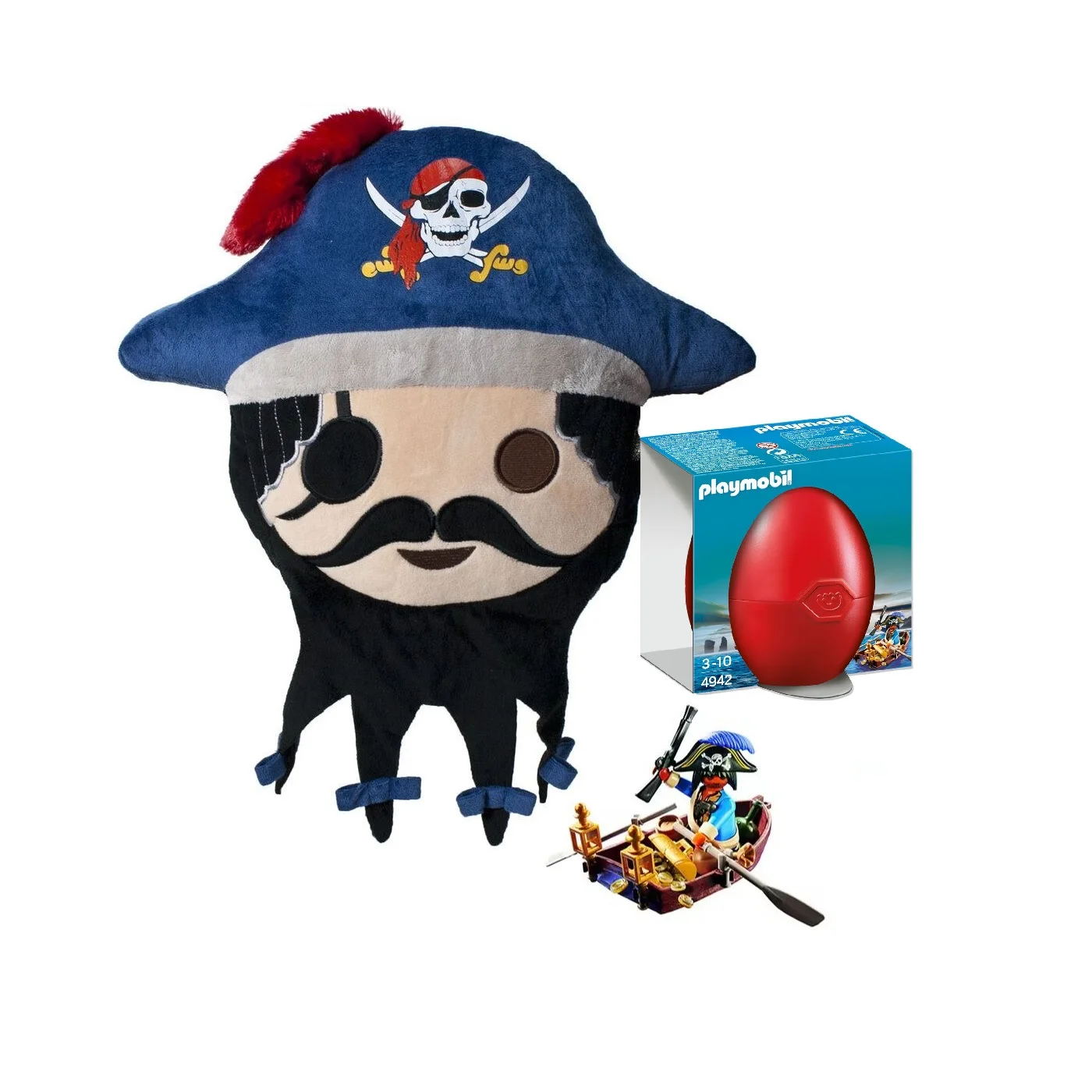 PACK PLAYMOBIL COJÍN PIRATA 40CM TACTO SUAVE + PIRATA EN BOTE DE REMOS, 4942+760016470, TIENDA CON LICENCIA OFICIAL
