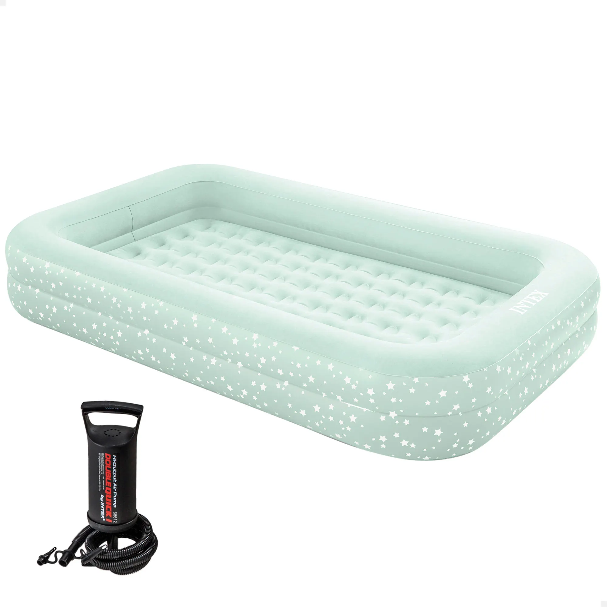INTEX - Colchón hinchable infantil verde menta o beige, estampado estrellas, 107x168x25 cm, peso soportado 22,7 kg, colchoneta extraíble, hinchador incluido, superficie suave, cuna bebé viaje,