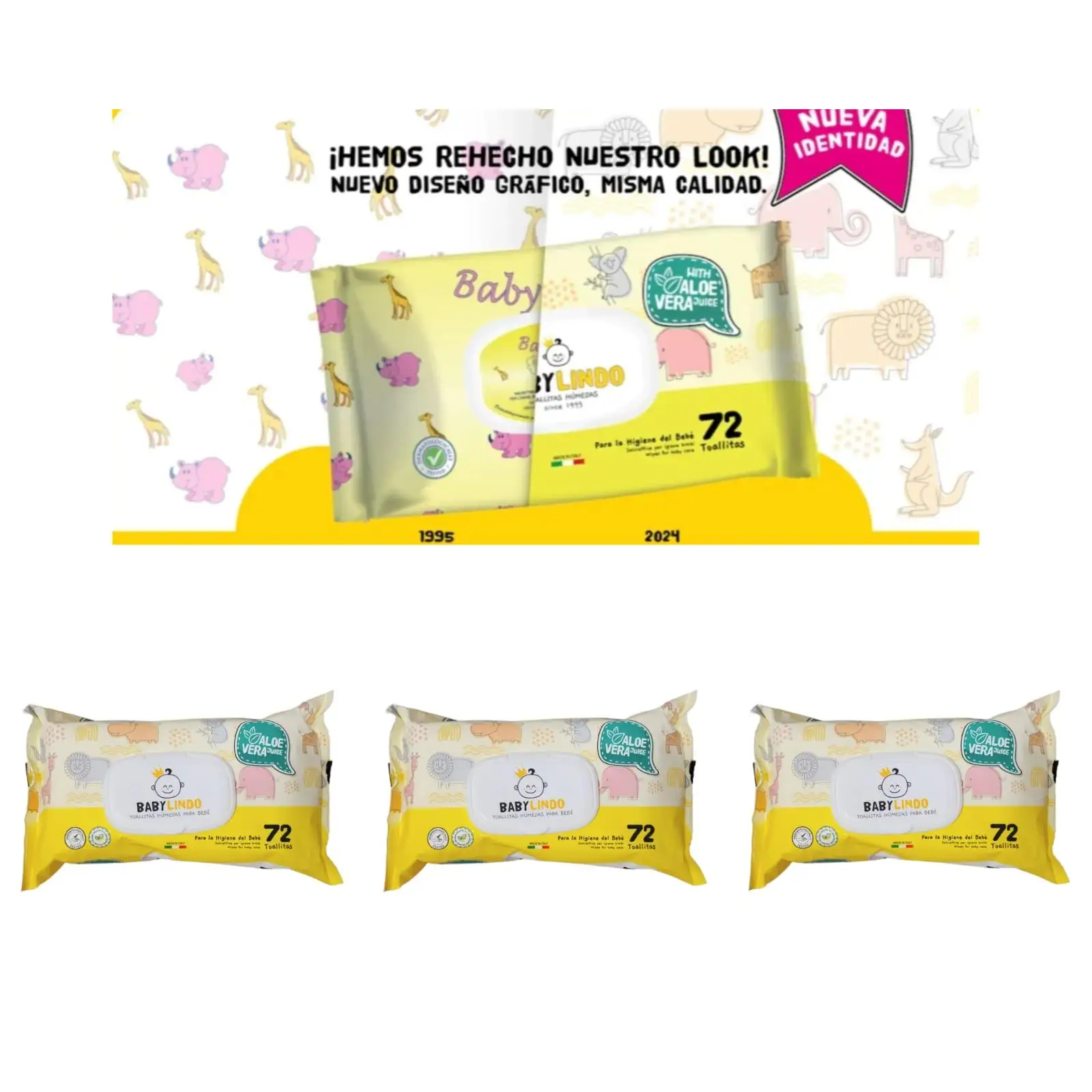 Toallitas de bebes humedas Baby Lindo paquete de 72toallitas blancas clasicas Aloe veras Italia probados pruebas dermatológicas gran calidad garanti