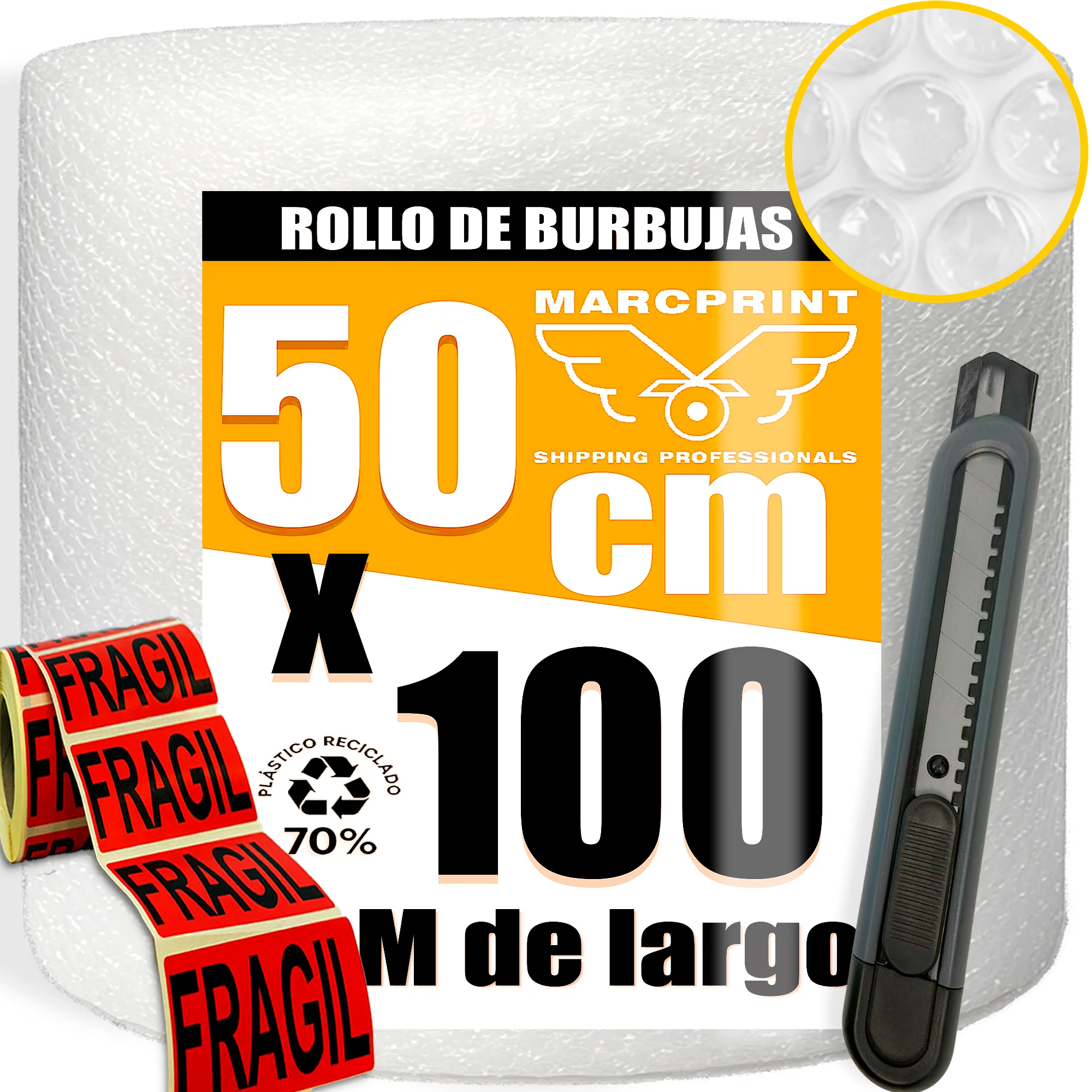 MARCPRINT Rollo Burbuja Embalaje 50 cm x 100 m con Cutter y 10 Pegatinas de Fragil – Papel Burbuja para Mudanzas y Envíos – Plástico de Burbujas Protector Antigolpes – Embalaje Profesional