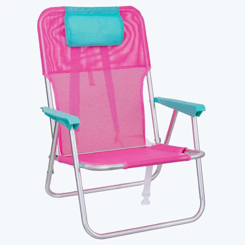 Silla playa camping mochila Junior, plegable de aluminio y textileno rosa, silla fija de 55x40x71 cm, con cojín cervical aguamarina, correas acolchadas y ajustables LOLAhome