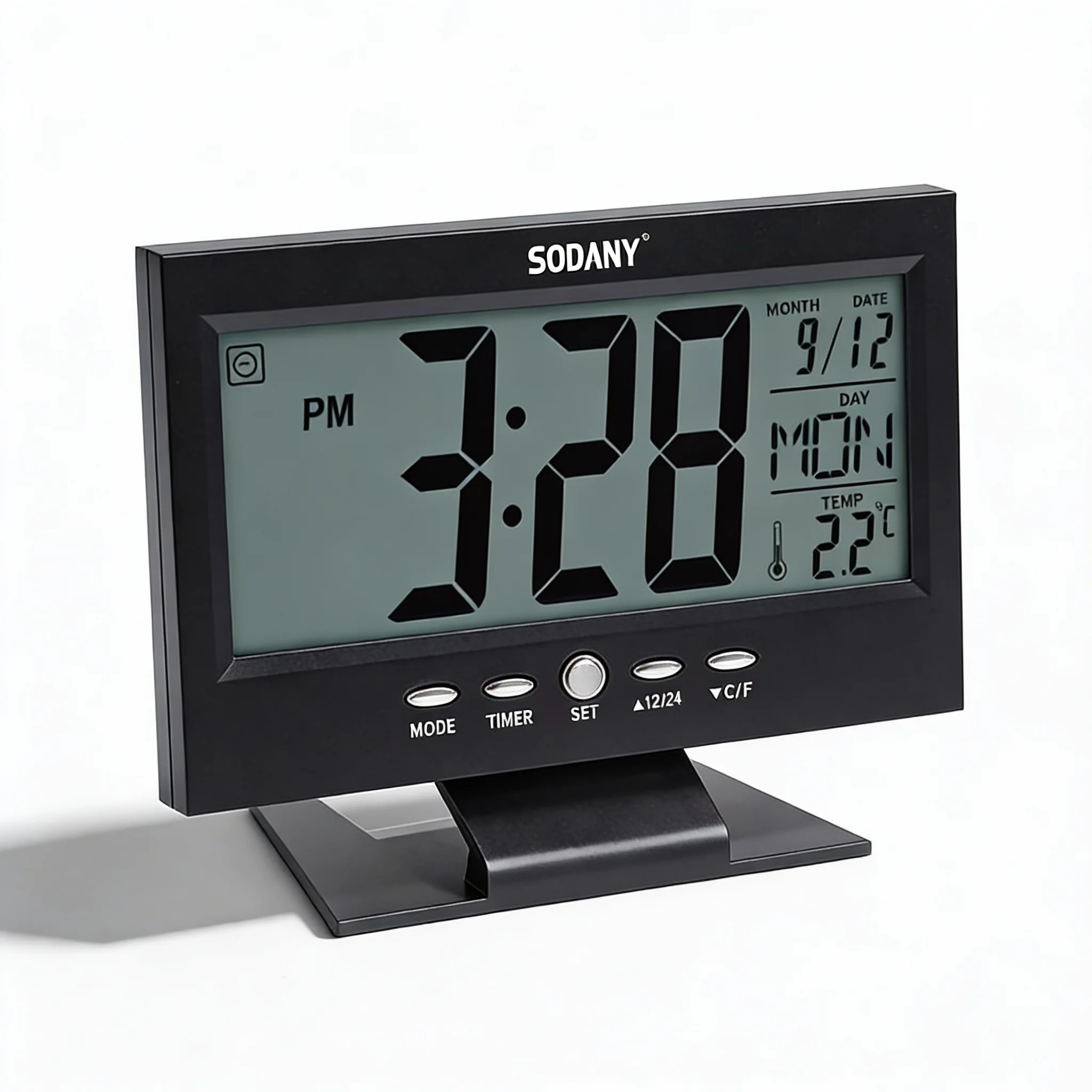 SODANY Reloj Despertador Digital Pantalla LCD Control por Voz Luz de Fondo Temperatura Calendario a Pilas para Dormitorio