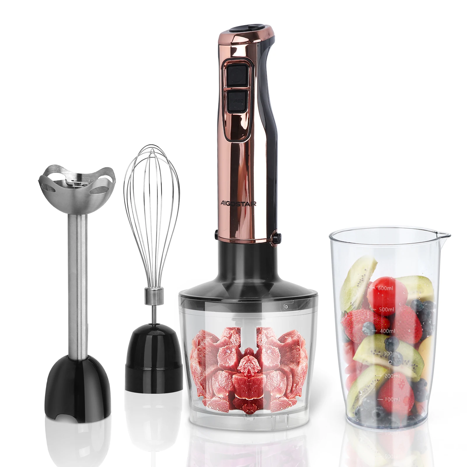 6-speed and Turbo function hand blender 500ml chopper 600ml measuring glass and egg beater (1000W power)