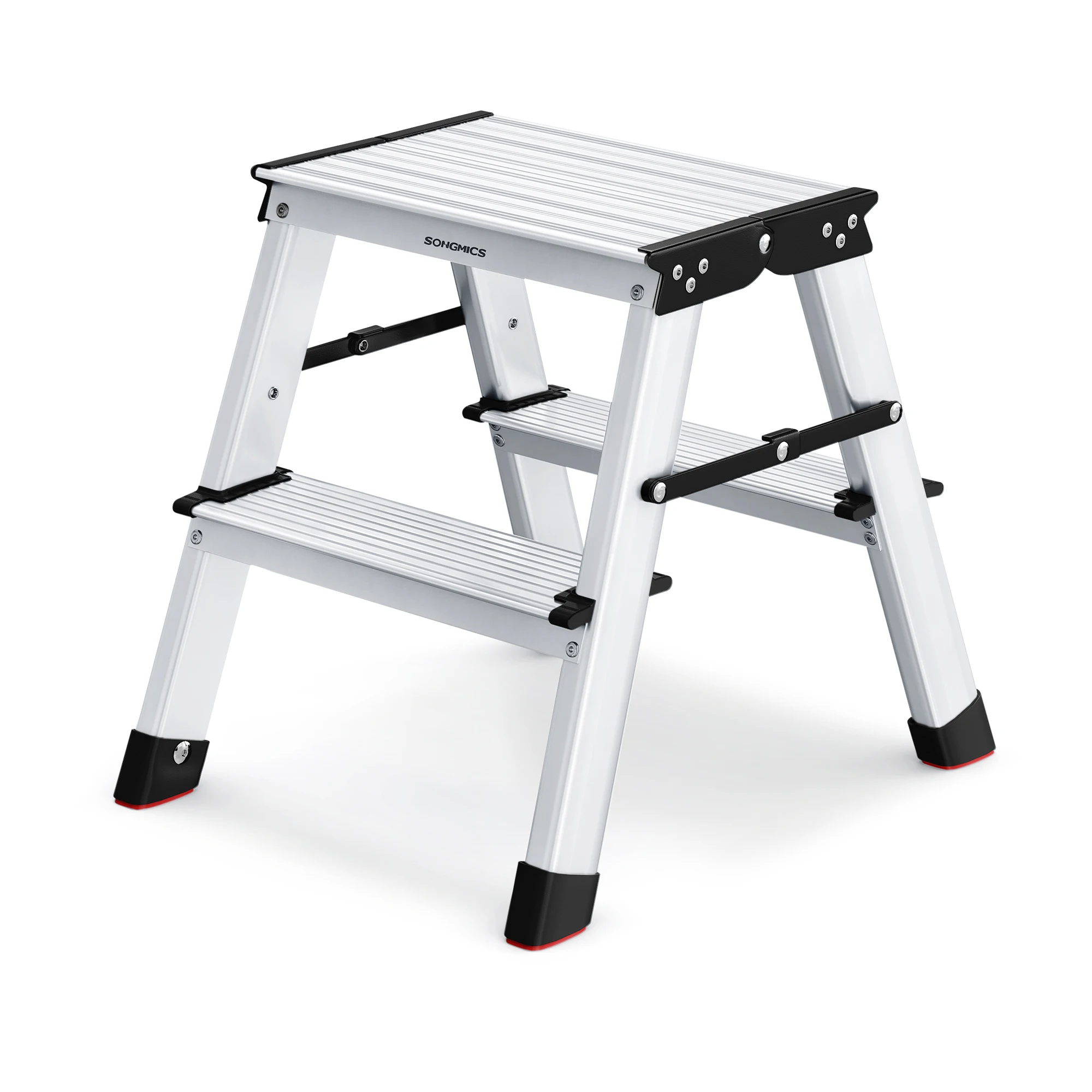 SONGMICS Escalera Plegable, Escalera de Mano, Escalera de Aluminio con 2/4  Peldaños Antideslizantes, Multifuncional, Carga de 150 kg, Gris Plata y Negro Tinta