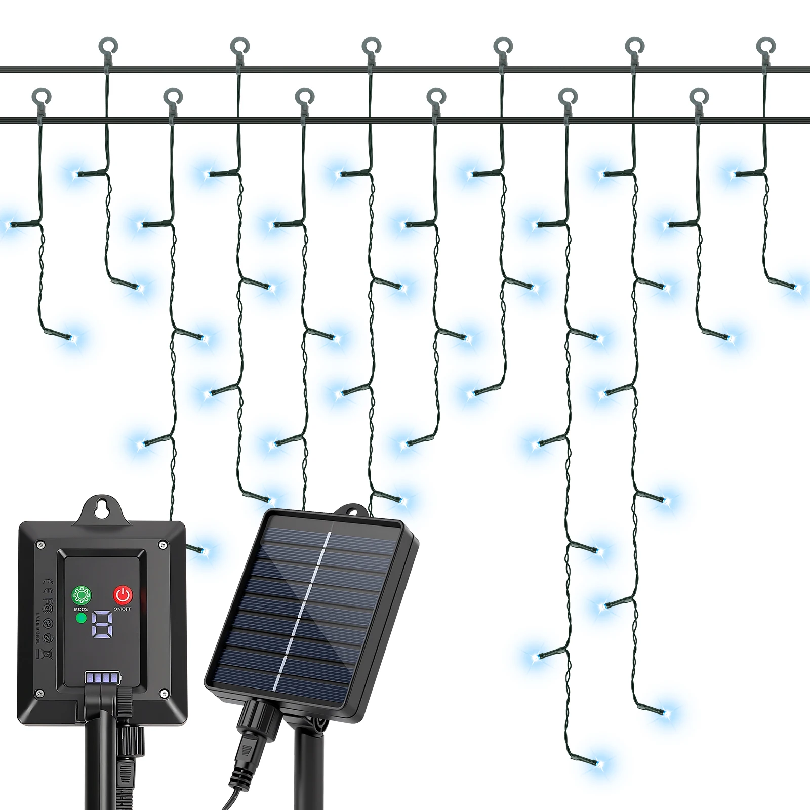 Aigostar Cortina de luces navideñas solares para exteriores, 3M+5M*0.6M 100 LED 8 modos, cortinas de luz navideñas para exteriores, IP65, visualización del nivel de batería, para bodas, fiestas.