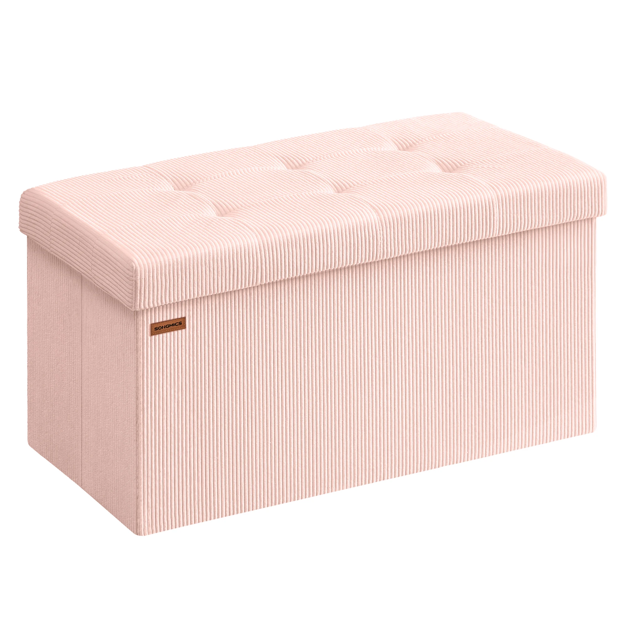 SONGMICS Puff Almacenaje, Baúl de Almacenaje Plegable, 38 x 76 x 38 cm, Taburete Reposapiés, Banco de Cama, Soporta hasta 300 kg, para Sala de Estar, Dormitorio, Entrada, Rosa Jalea/Blanco Crema