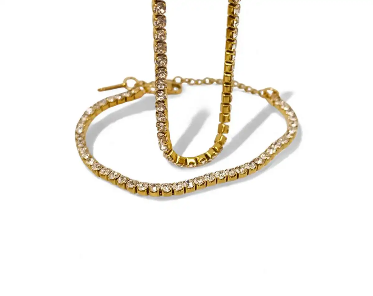 Conjunto de joyas collar circonitas tipo Tenis y  pulsera a juego acero  oro 18K PVD waterproof
