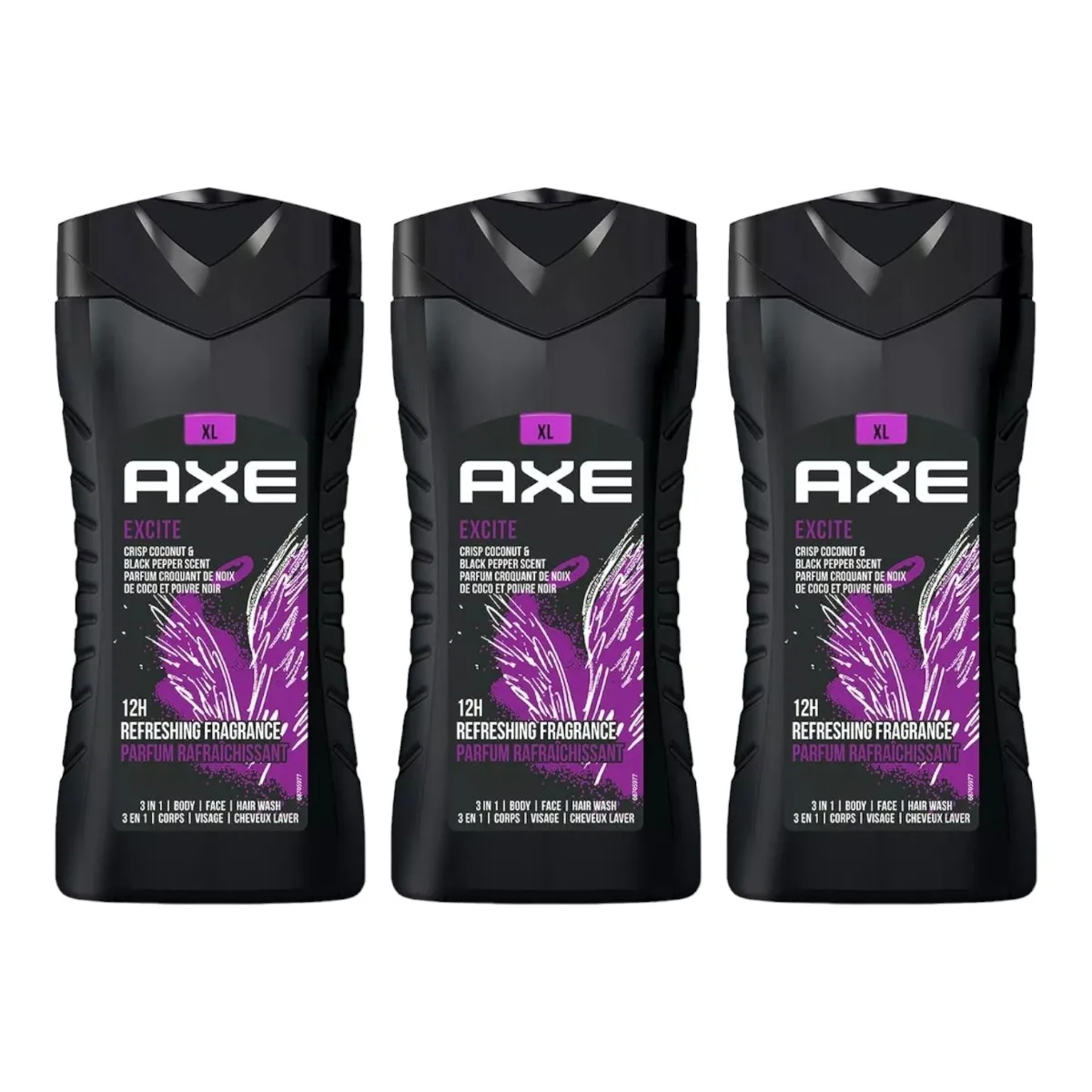 AXE EXCITE 12H Fresh Body 3in1 jabón perfumada para cara cuerpo y pelo para hombres Crisp coconut black pepper scent 400 ml - Paquete de 3 unidades