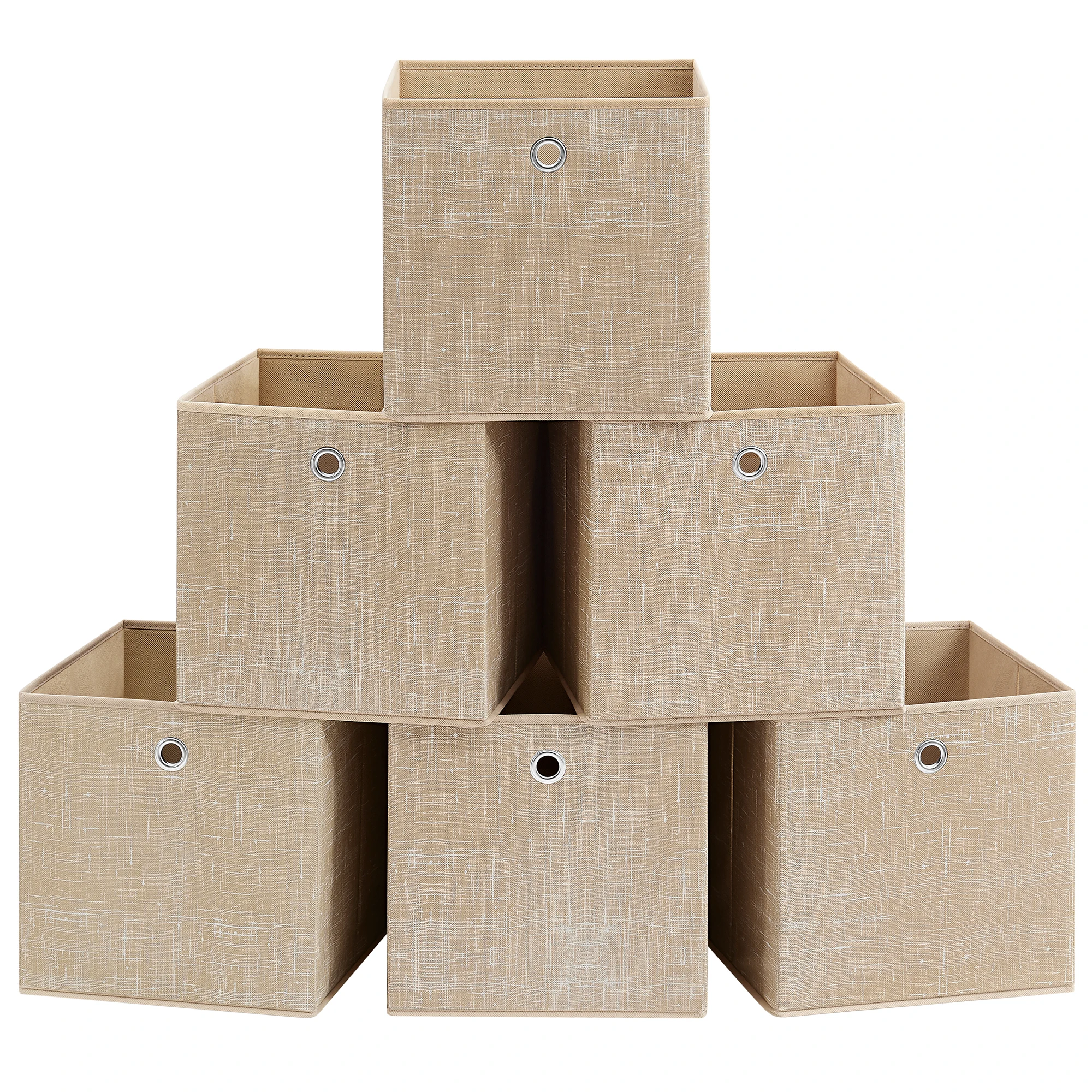 SONGMICS Cajas de Almacenamiento, Juego de 6 Cajas de Tela No Tejida con Asa, 30 x 30 x 30 cm, Unidad de Almacenamiento, para Estantes, Plegable, Almacenamiento de Ropa, Beige Arena/Topo Jaspeado/Negro Jaspeado
