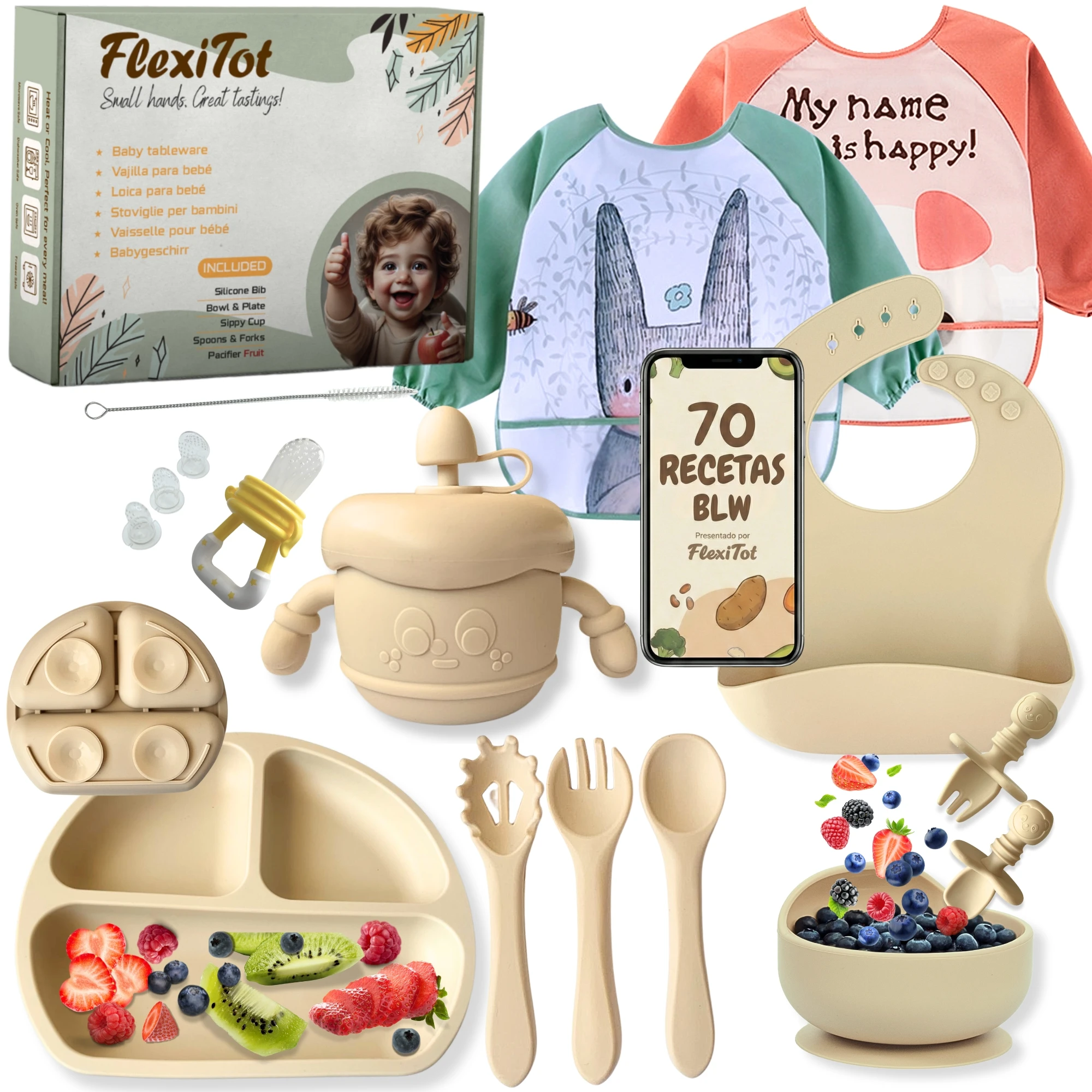 Vajillas de bebé silicona | Guía Digital 70 recetas BLW | 2 Baberos con mangas, platos silicona con ventosa, cuenco, vaso, cubiertos y chupete fruta, Beige