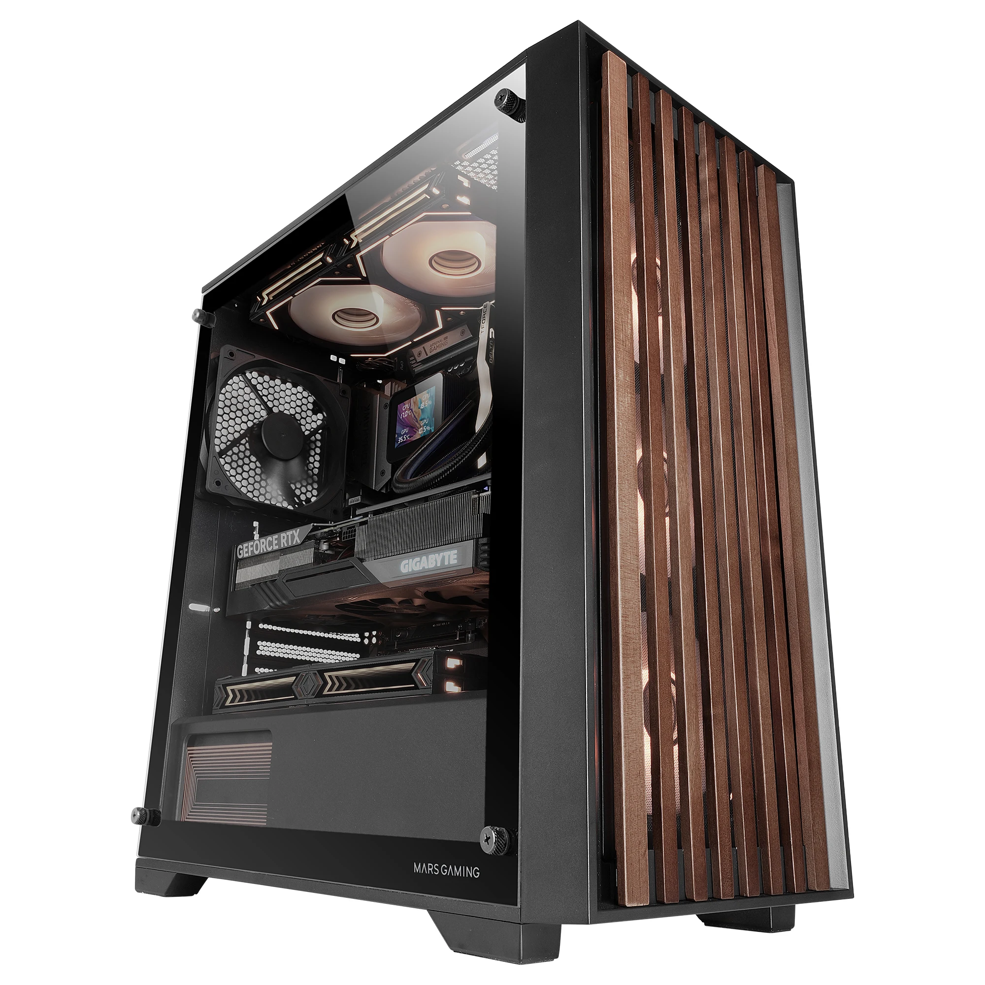 Mars Gaming MC-WOOD, Caja PC ATX, Panel Frontal de Madera, Ventana Lateral, Ventilador FDB 120mm, Refrigeración Líquida hasta 360mm, Doble Cámara, Gestión Cableado, PC Semitorre, Caja PC Negra con