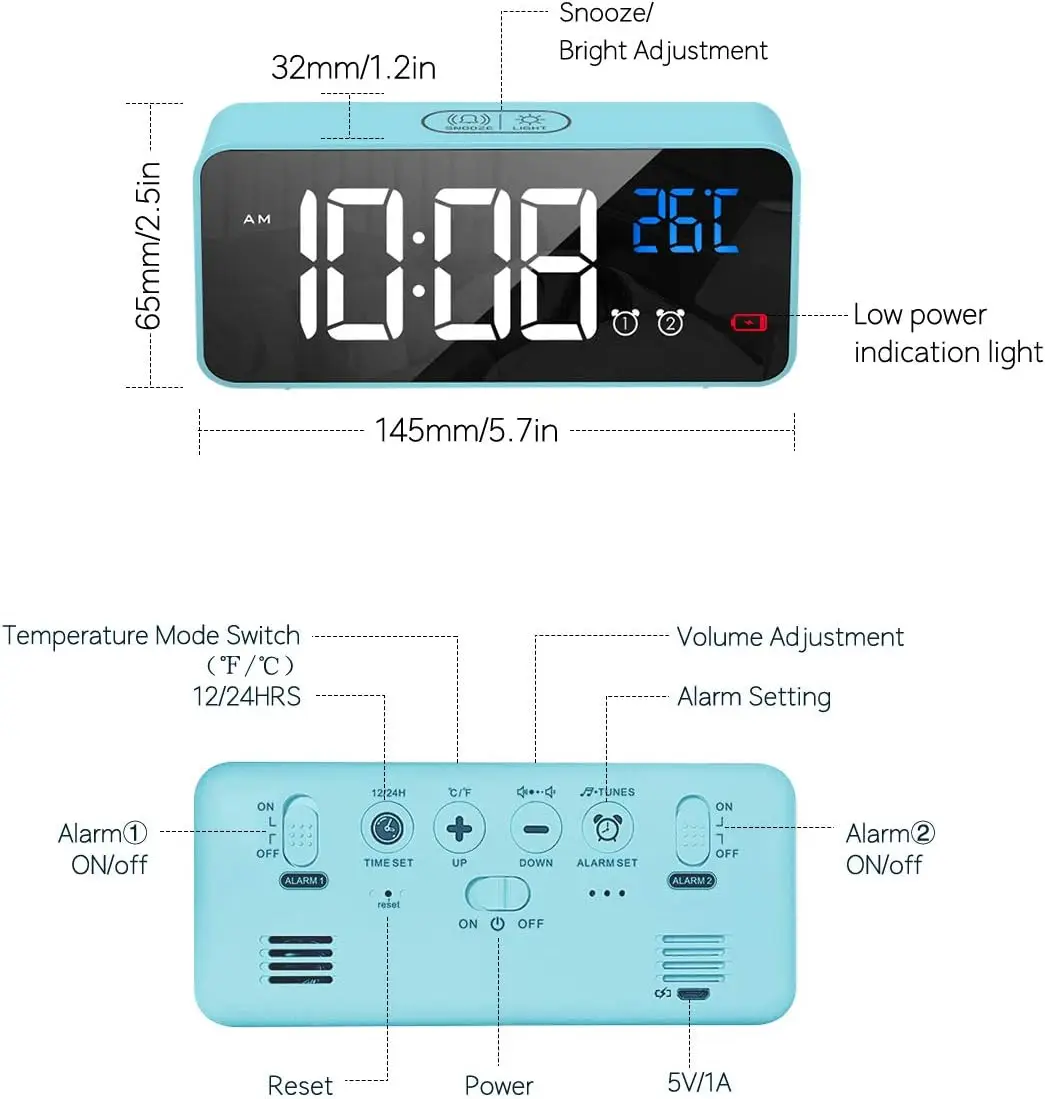 Digital Alarm Clock with Temperature LED Display, Portable Mirror Alarm with Alarm Double Time Repeat 4 Levels Dimmable Brightness Dimmmer 10 Music USB Charging Port