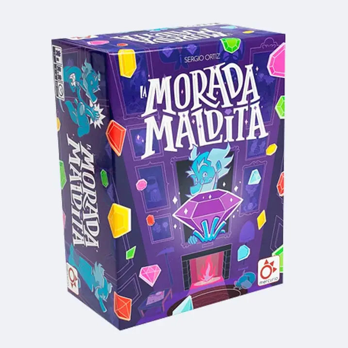 La Morada Maldita, family board game for 2 to 6 players featuring 109 cards, 65 gem tokens, and a cursed 3D purple jewel, offers fun visual challenges and competitive gameplay for ages 7 and up.