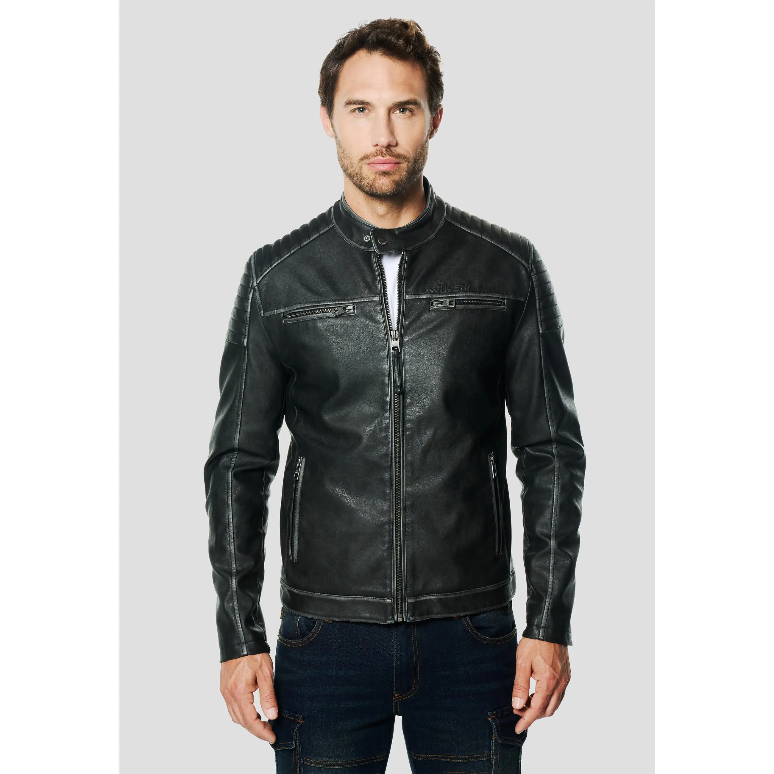 Koroshi - Chaqueta biker acolchada efecto piel lavado vintage para hombre, con hombros acolchados y gráfico en la espalda, negro