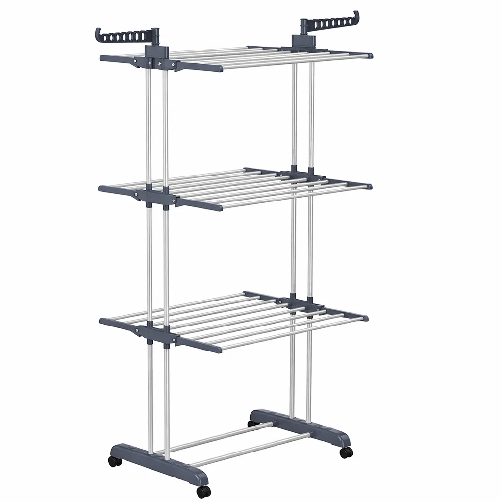 Tendedero Plegable con Ruedas, Estantería Secadora de Ropa de 4 Niveles, Perchero Multifuncional de Acero Inoxidable para Interior y Exterior, con Soporte para Zapatos y Alas Laterales