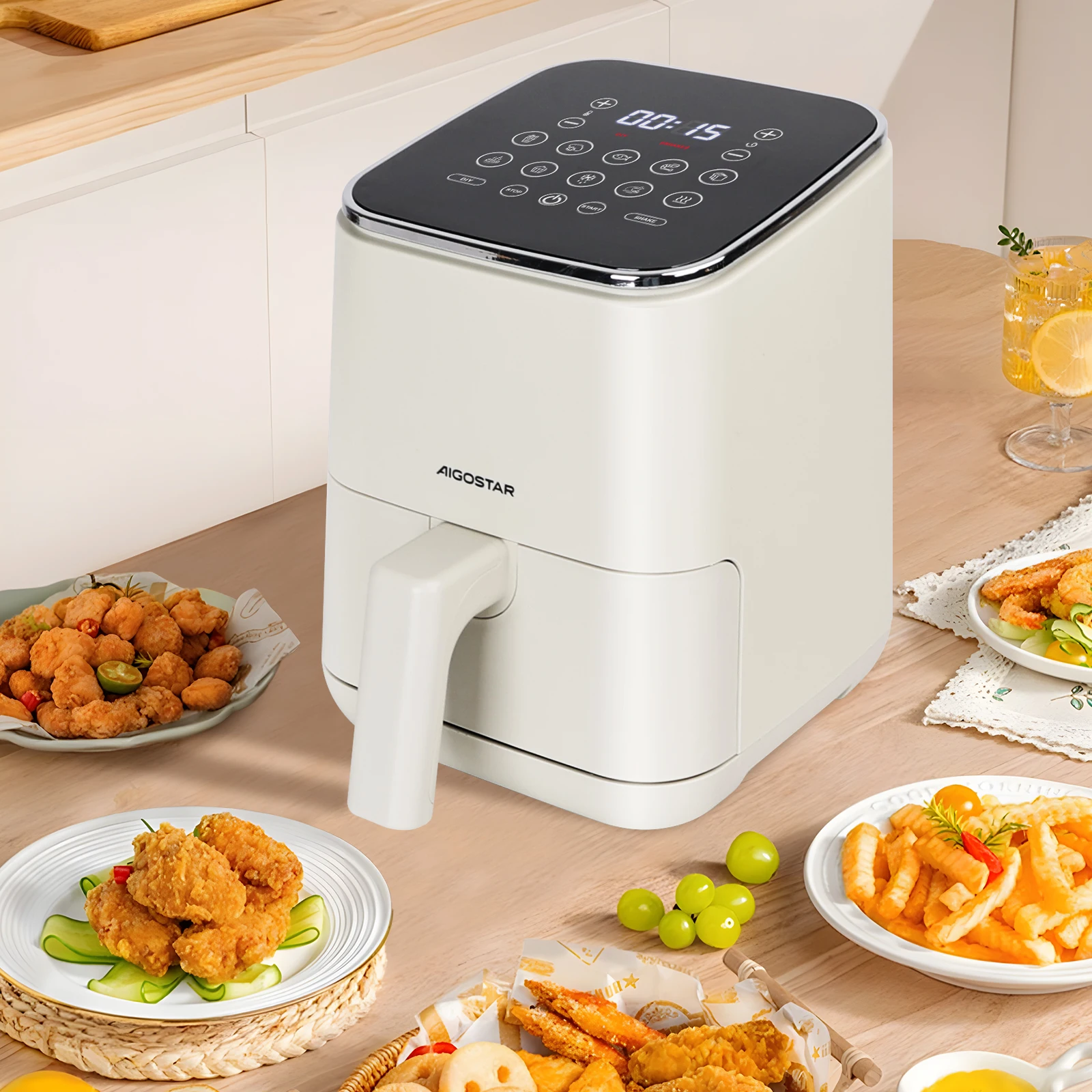 AIGOSTAR LED Touchscreen Air Fryer, 2L Capacity, 1200W, Non-Stick, with 10 Automatic Programs for Oil-Free Cooking and Efficient Air Circulation.