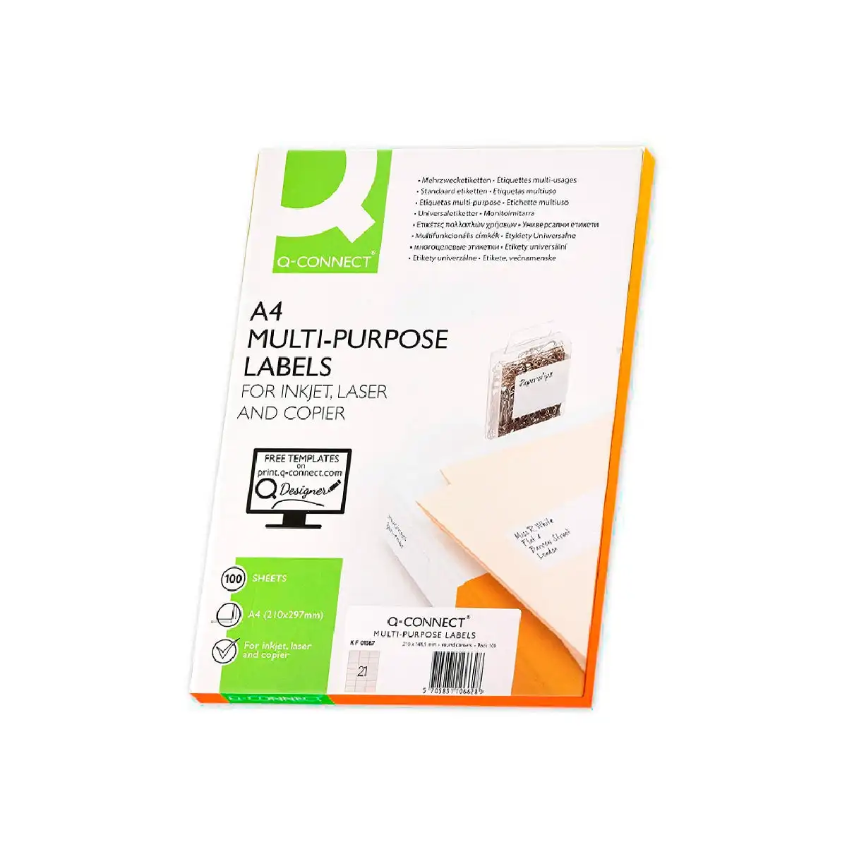 Q-CONNECT KF01587 - Caja 100 Hojas DIN A4 de 21 Etiquetas Adhesivas 63.5x38.1 mm Copia Laser InkJet Blancas