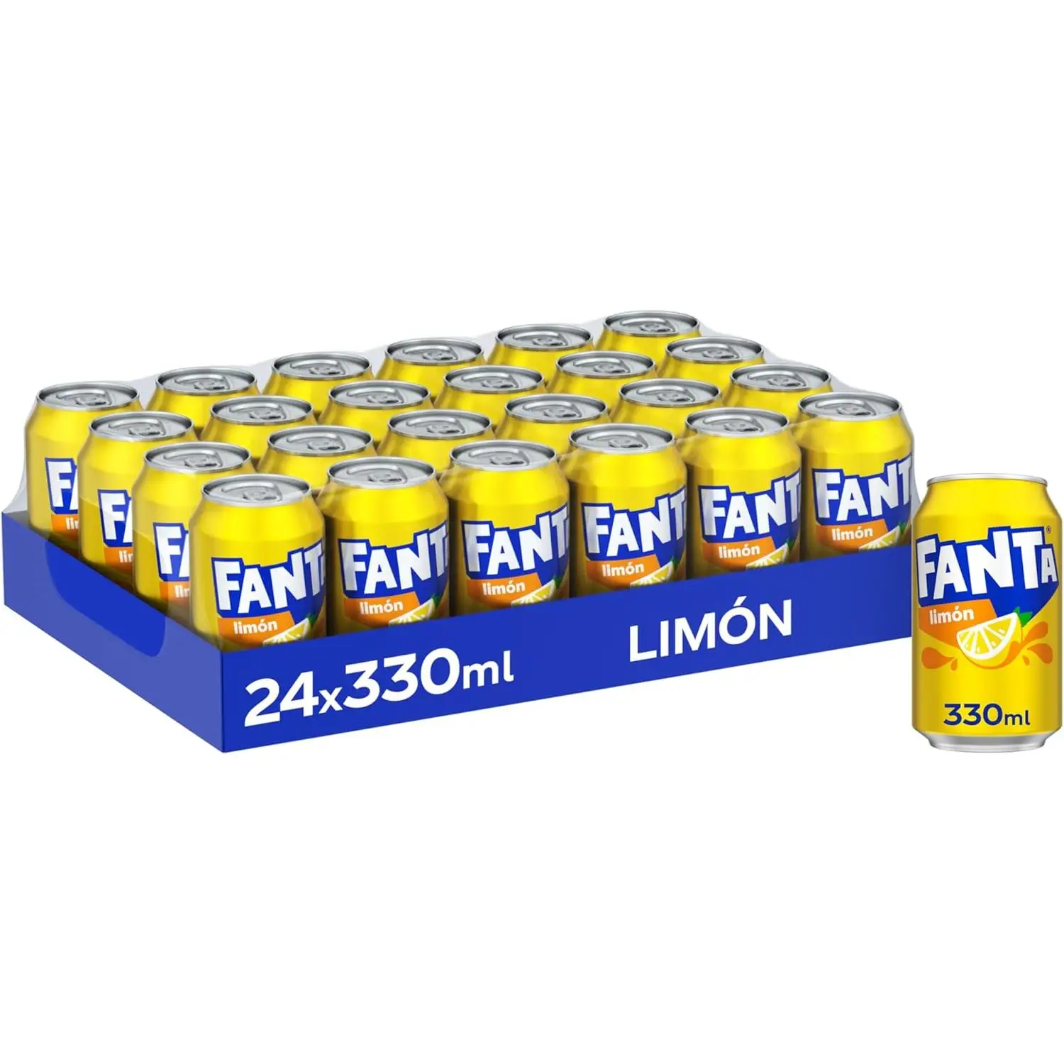 Fanta LIMON NACIONAL, Refresco con 8% de Zumo de LIMON, Bajo en Calorías, Pack 24 Latas 330 ml SABOR AUTENTICO