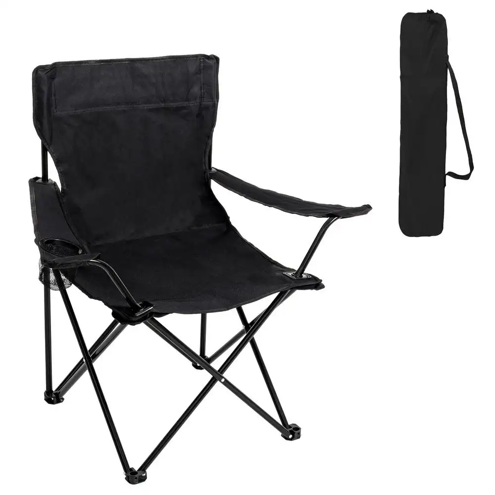 Silla playa camping pesca y caza plegable cierre tijera estructura acero con pintura Epoxi anticorrosión y lona poliéster Oxford 600 D negra, portavasos y bolsa de transporte