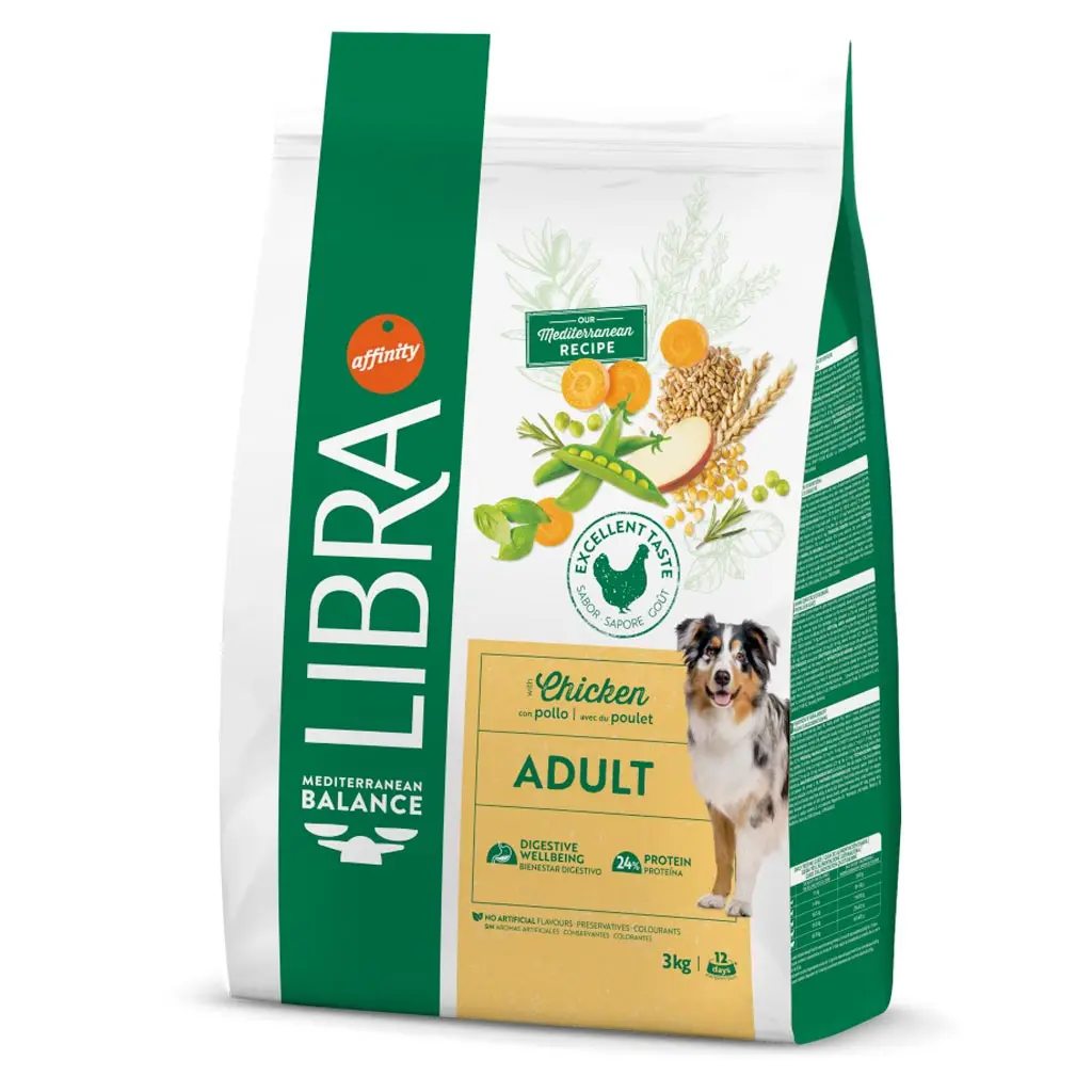 Mediterranean Nutrition for Your Adult Dog - Affinity Libra Adult Chicken Dry Food 3kg/14kg, complete and balanced formula with whole grains, vegetables, and fruits for digestive health and optimal muscle support.