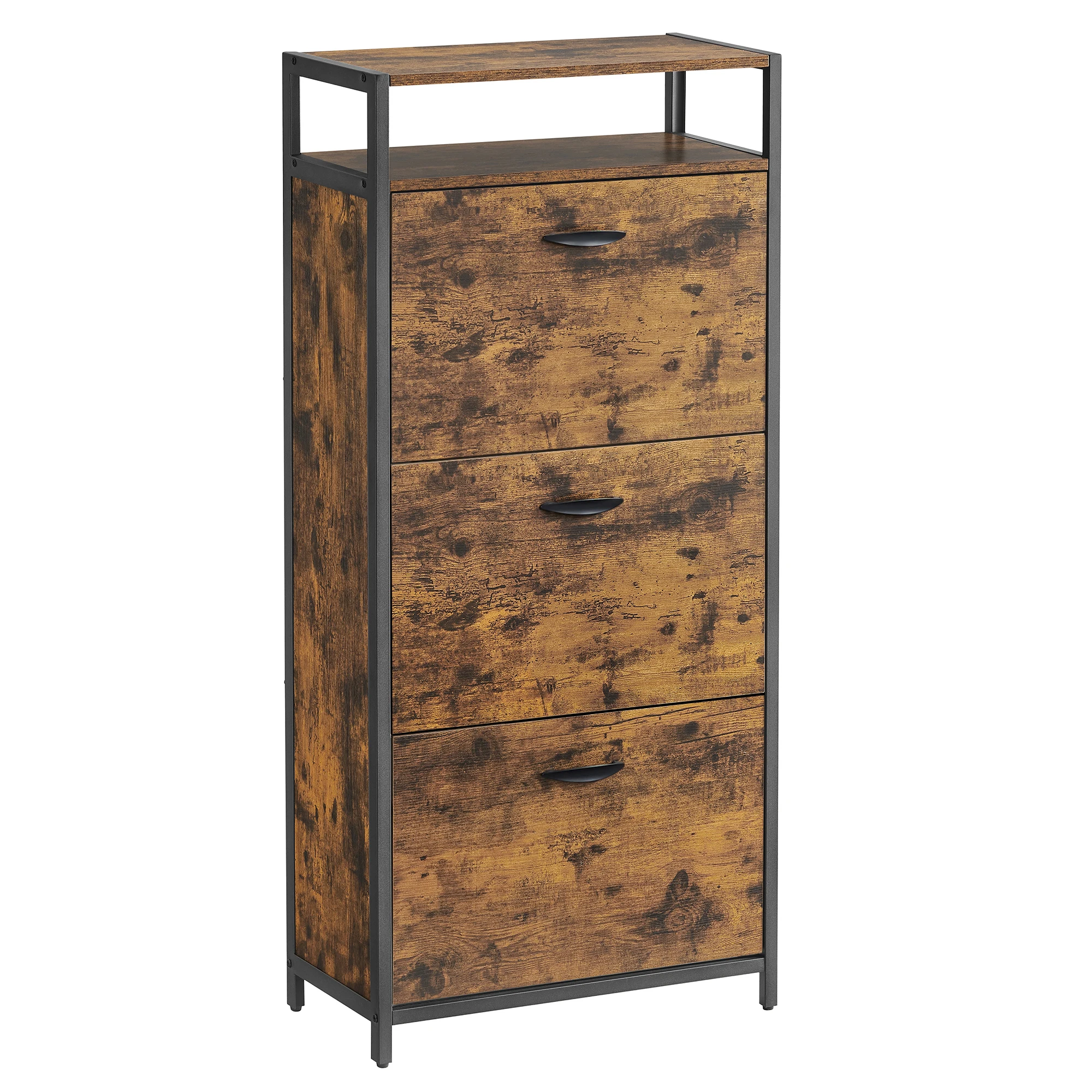 VASAGLE Scarpiera, Scarpiera Alta con 3 Ante Pieghevoli, Ripiano Aperto, Divisorio Interno, per il Corridoio per 12-18 Paia di Scarpe, Salvaspazio, 60 x 30 x 130 cm, Marrone Rustico e Nero