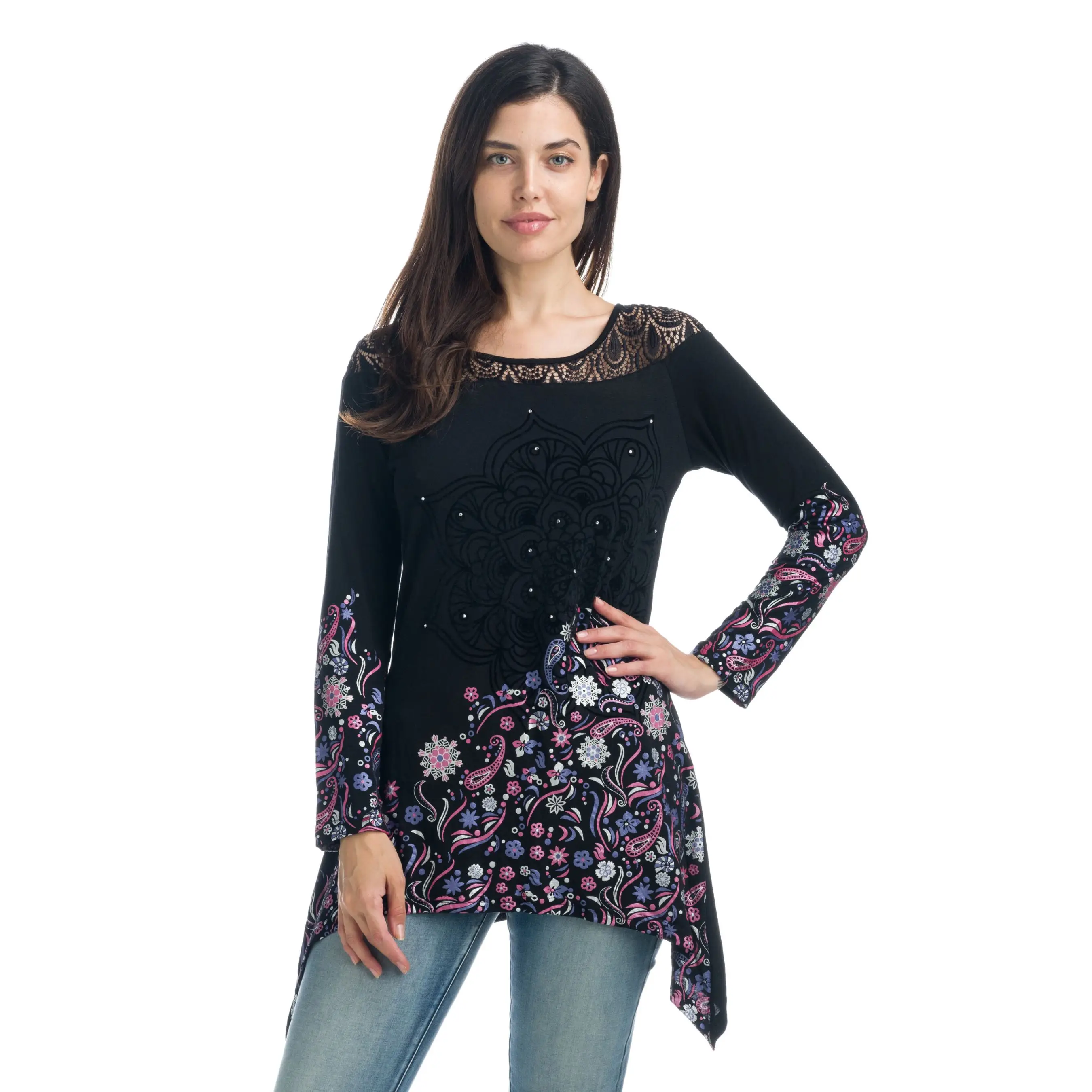 Koroshi Camiseta Manga Larga Mujer con Encaje y Estampado Flock – Koroshi 1922ML01