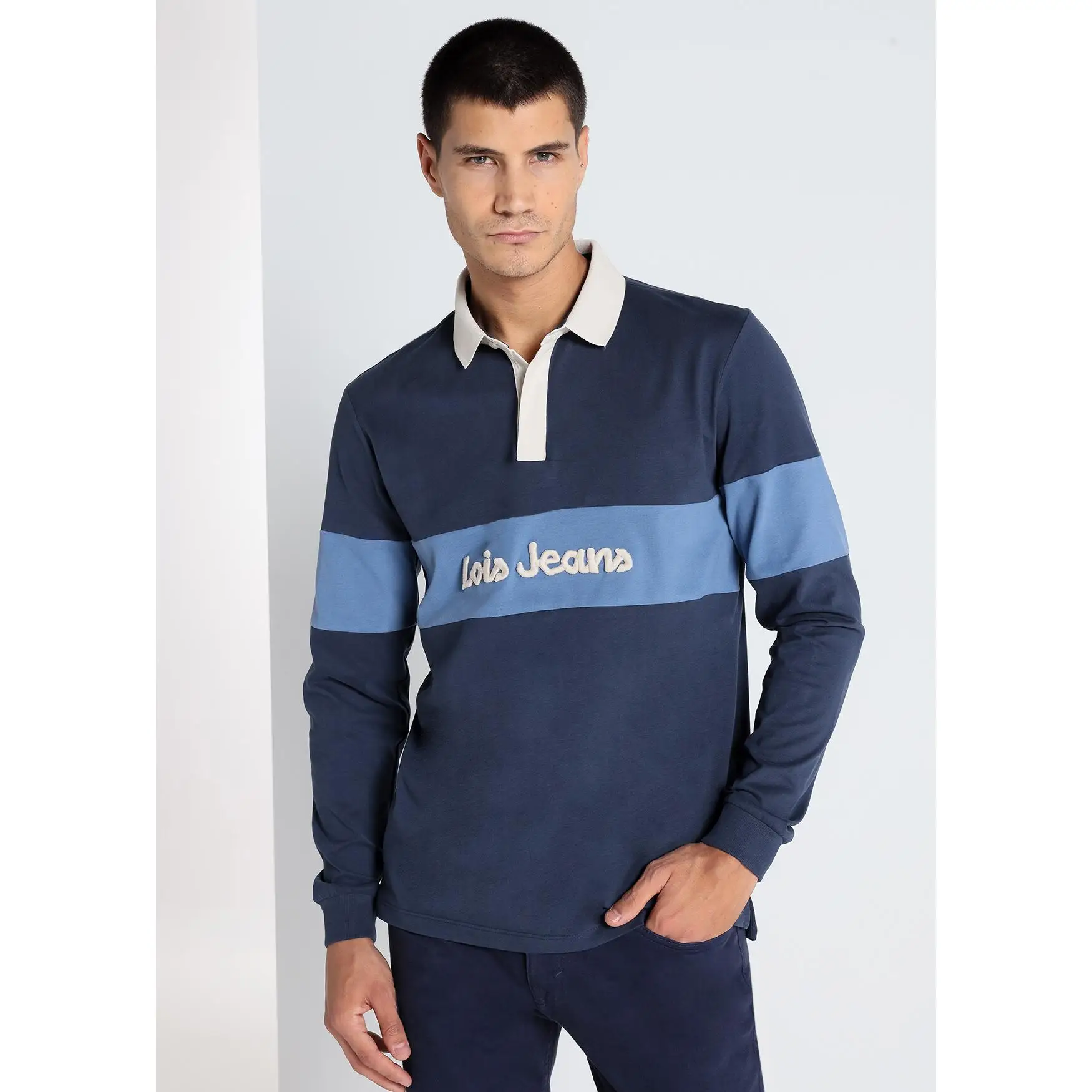 LOIS JEANS Embroidery Stripe Long Sleeve Polo Shirt