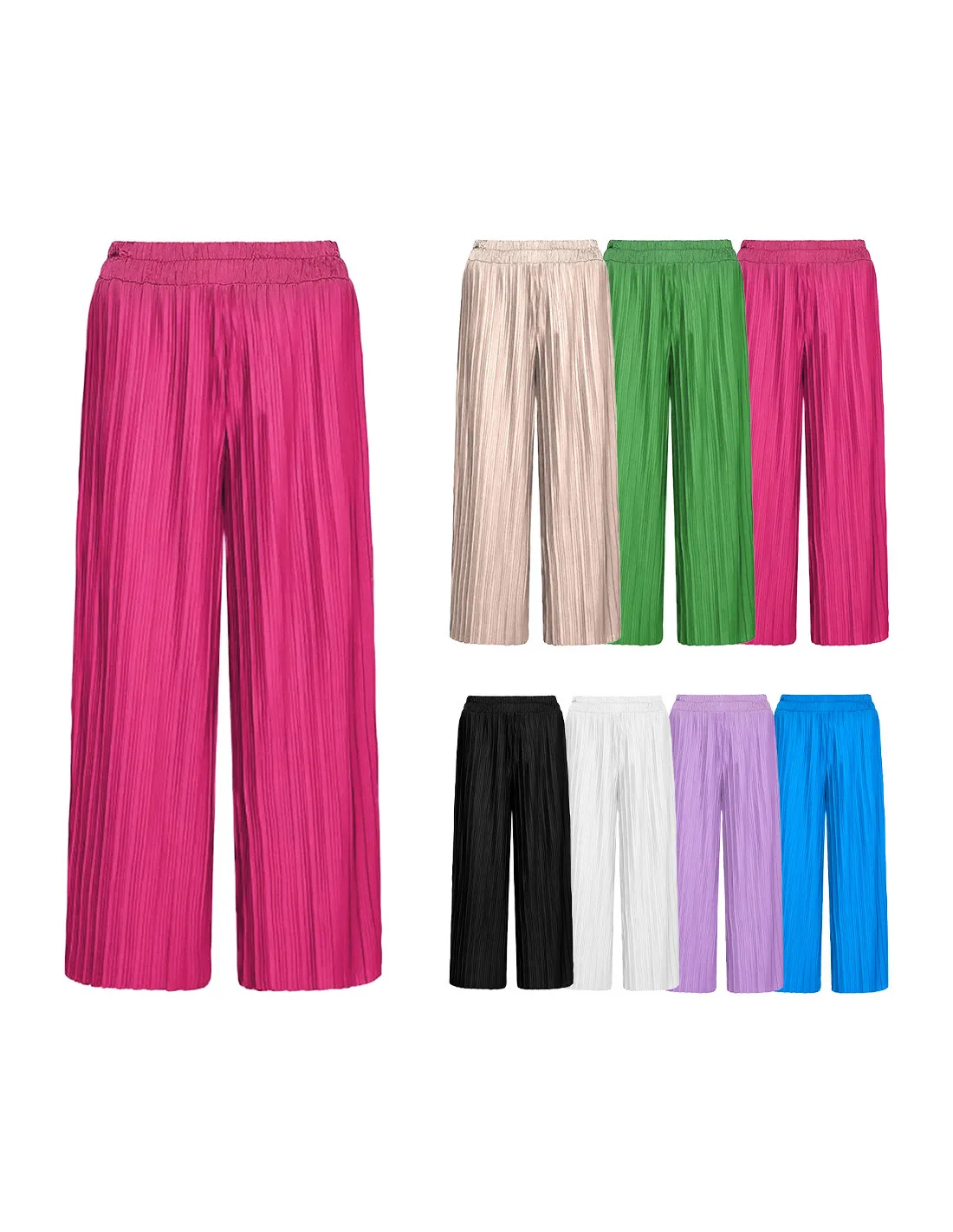Mediawave Store Pantalone Lungo Donna Estivo Gamba Larga Modello Plisse Texture Largo Vita Alta
