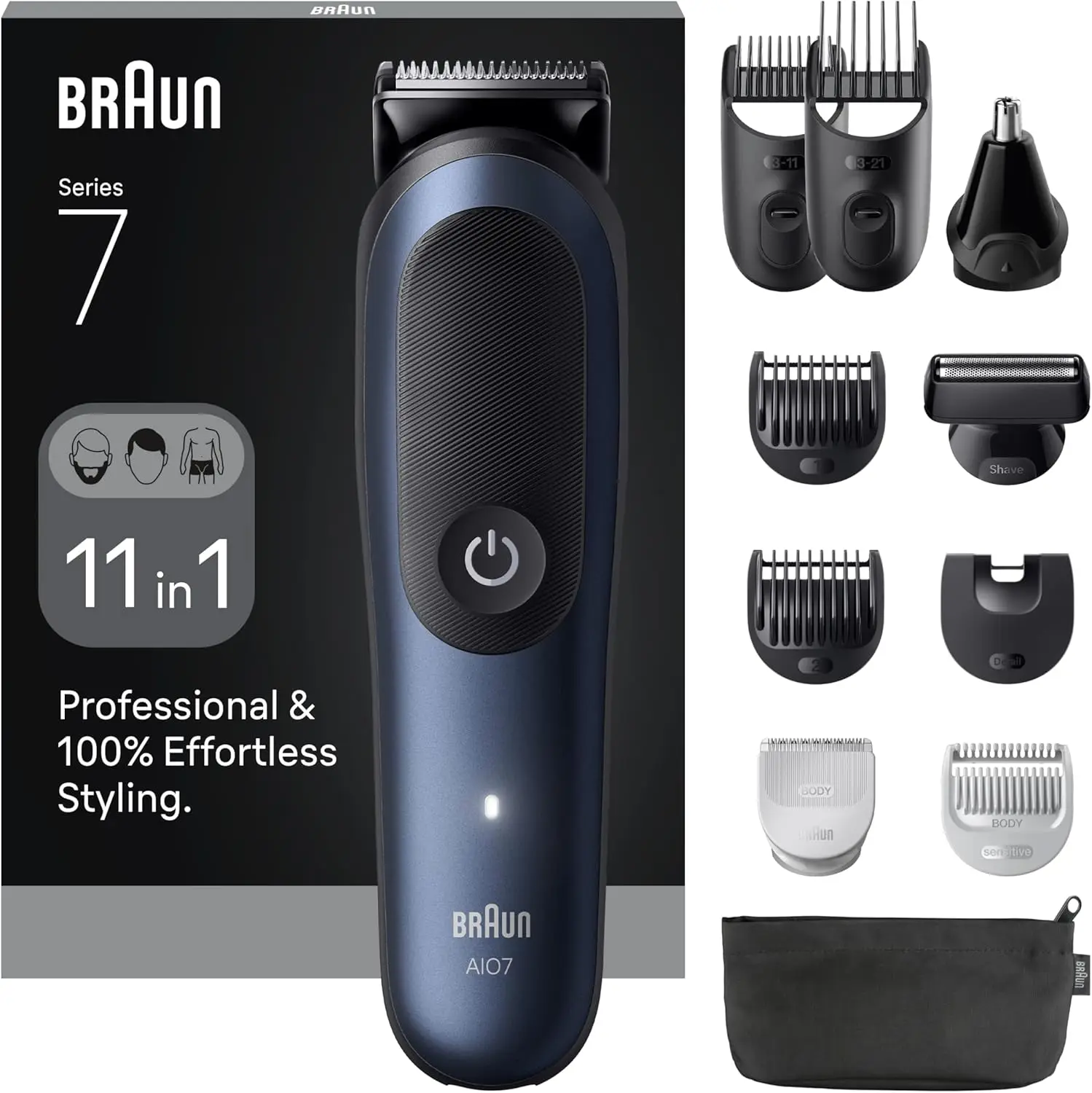 Braun Cortapelos All-in-One Series 7, AIO7540 Kit 11-en-1 y AIO7580 Kit 15-en-1, cuchilla ProBlade, tecnología AutoSense, 120 minutos de autonomía, protección SkinGuard, degradado de barba, mango AquaGrip sumergible