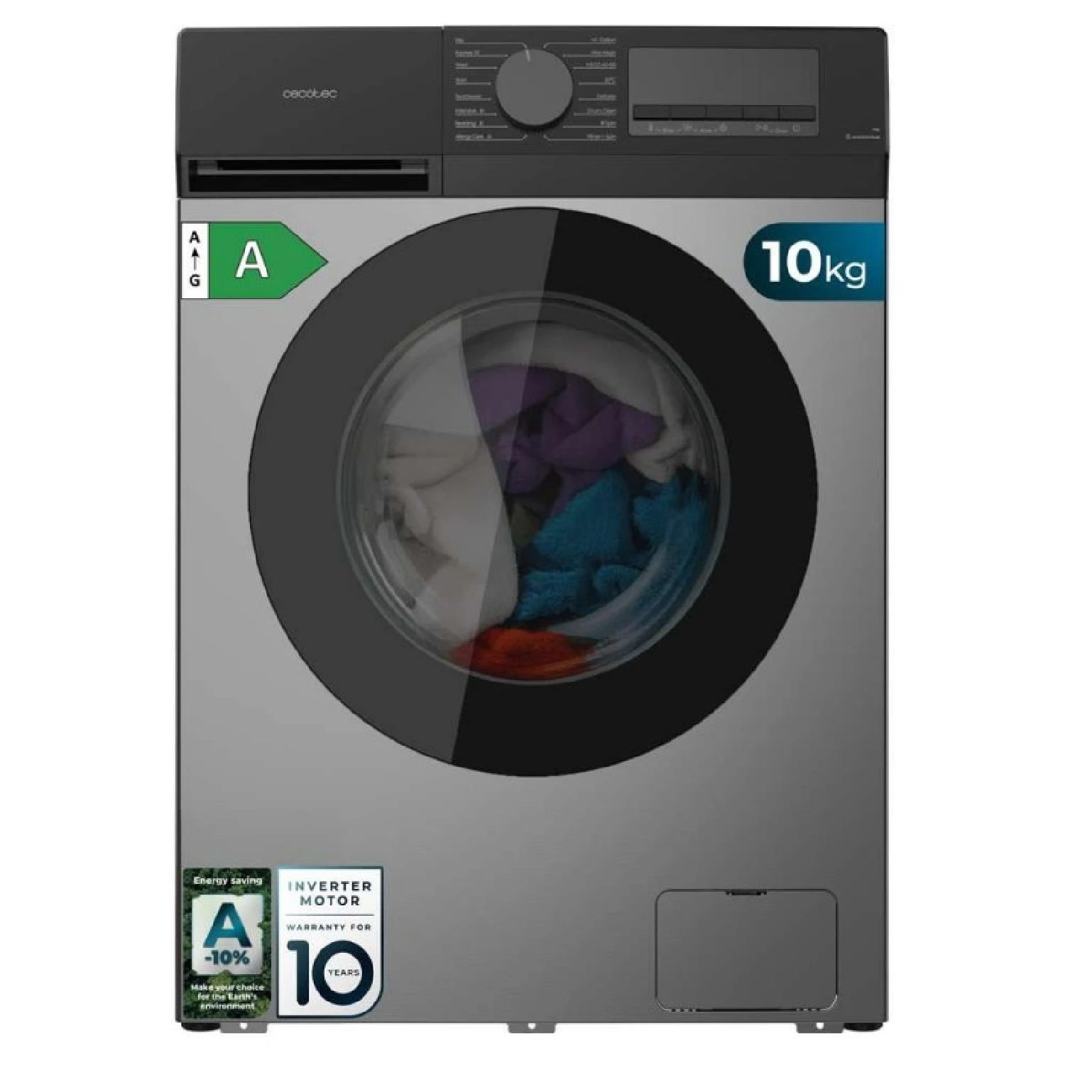 Cecotec Lavadora Carga Frontal 10Kg Bolero DressCode 10450 Inverter Steel, 1400 rpm, 16 programas, Clase A-10%