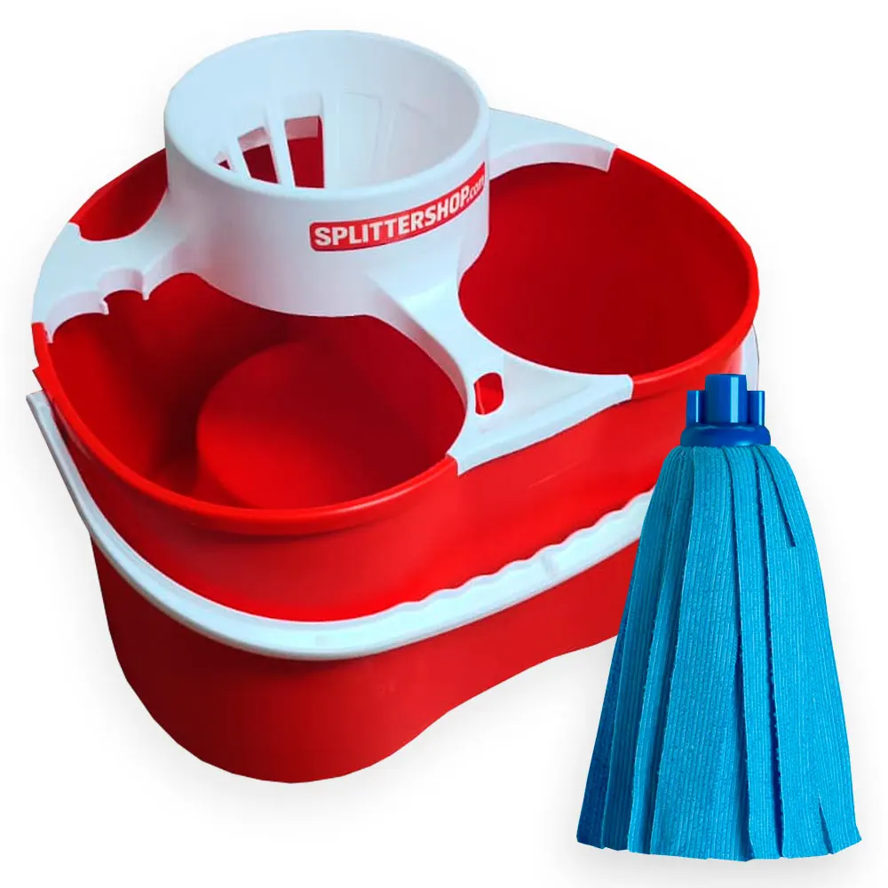 Cubo de limpieza Splitter con doble compartimento y escurridor mas fregona de tiras– Separación agua limpia/sucia para fregado más higiénico