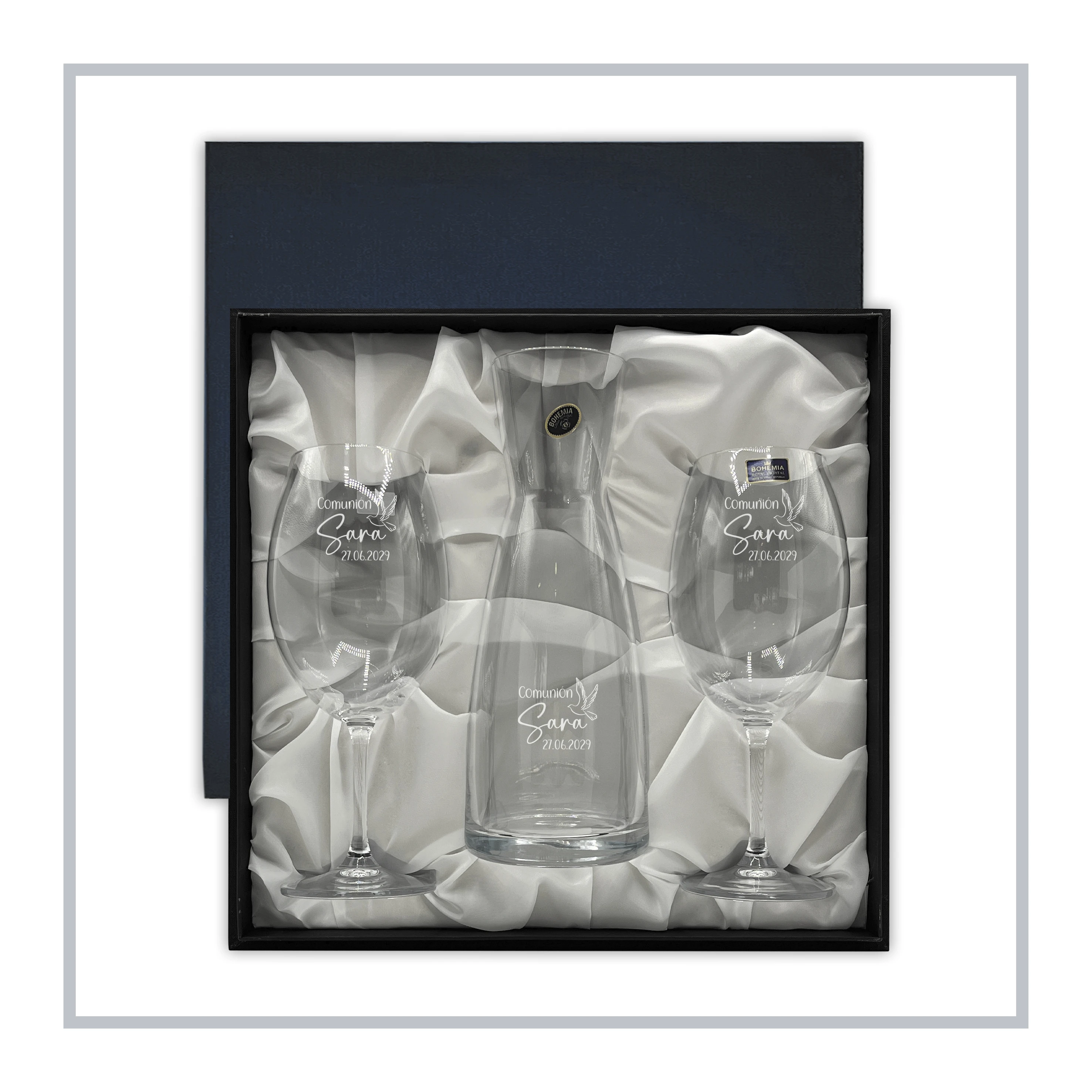 RegaloVip.es - 2 Copas y Decantador con Estuche Azul, copas personalizadas, detalles únicos de boda, amantes del vino, regalo perfecto, aniversarios, decoración elegante en casa, celebración y