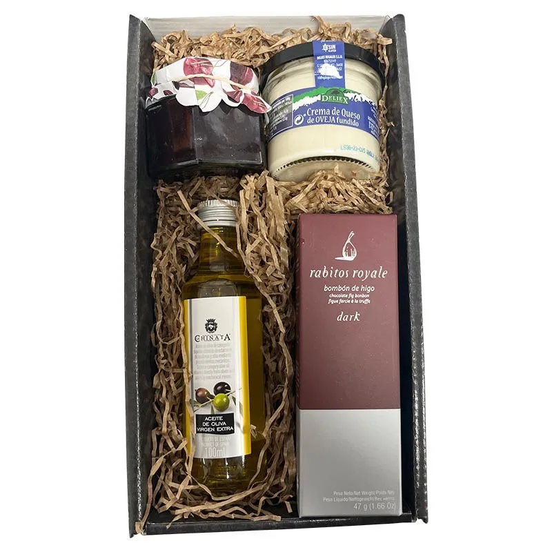 Deliex gift basket with oil, fig chocolates, peach jam and cheese jar