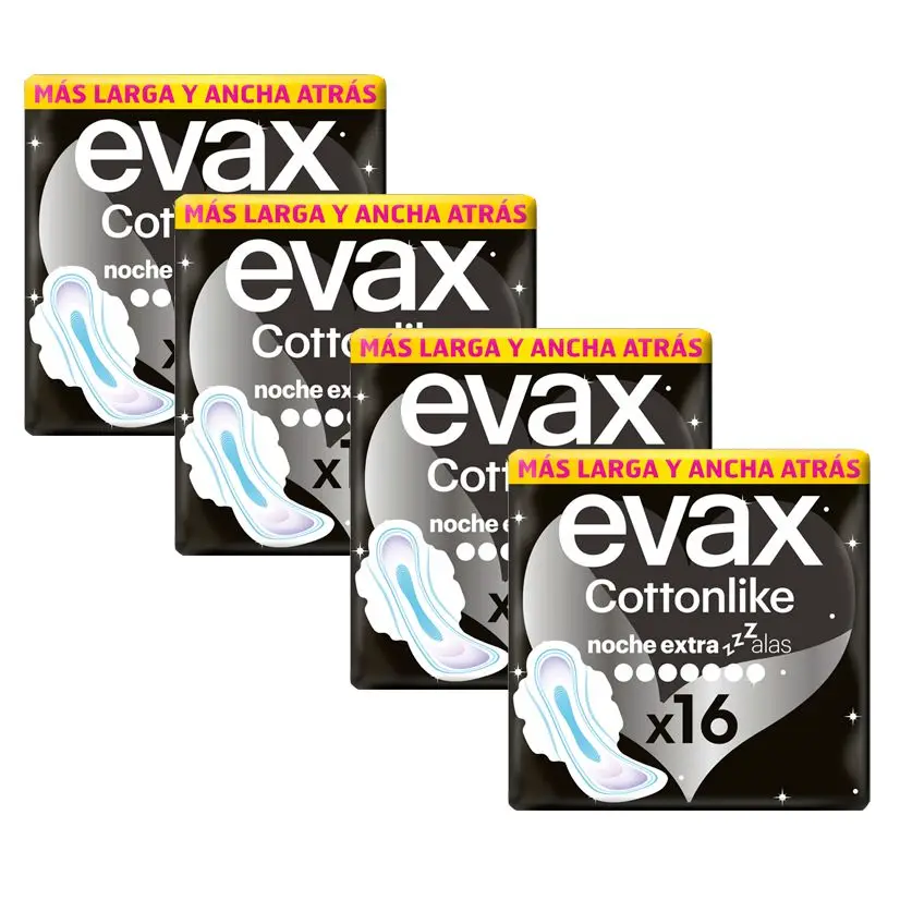 Evax Cottonlike Compresas Noche Extra Con Alas, Hasta 100 % de noches limpias, 64 Unidades.