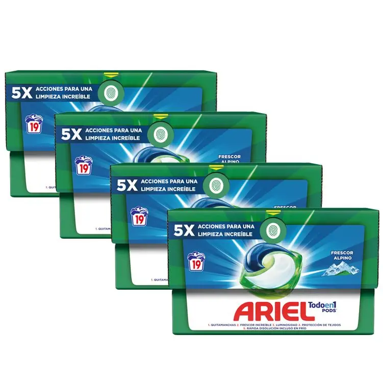 Ariel |   Alpinos all in 1 pods, liquid detergent for washing machine, cleaning and freshness alpinos washes, 5 actions for brilliant cold cleaning. 76 capsules