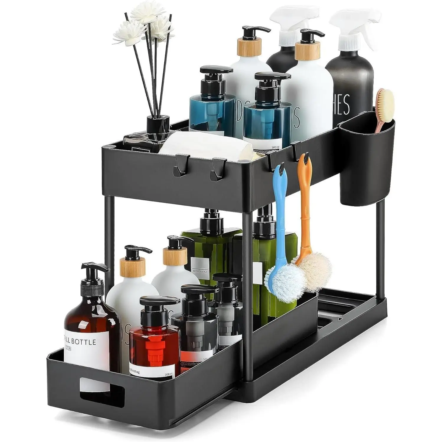 PopLiving Organizador Cocina 2 Niveles para Debajo del Fregadero - Organizador Extraíble Estante Almacenamiento Debajo Fregadero con 4 Ganchos,Negro