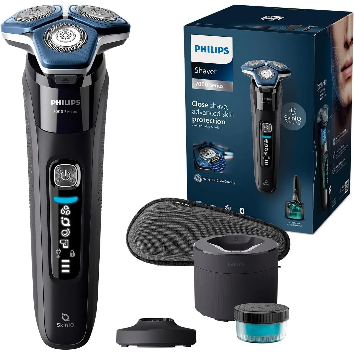 Philips Serie 7000 Afeitadora Eléctrica para Hombre, Deslizamiento Suave con la Piel, Cabezal con movimiento 360º, Uso en Seco y Húmedo, Incluye Base de Carga y de Limpieza, Funda Dura de Viaje,