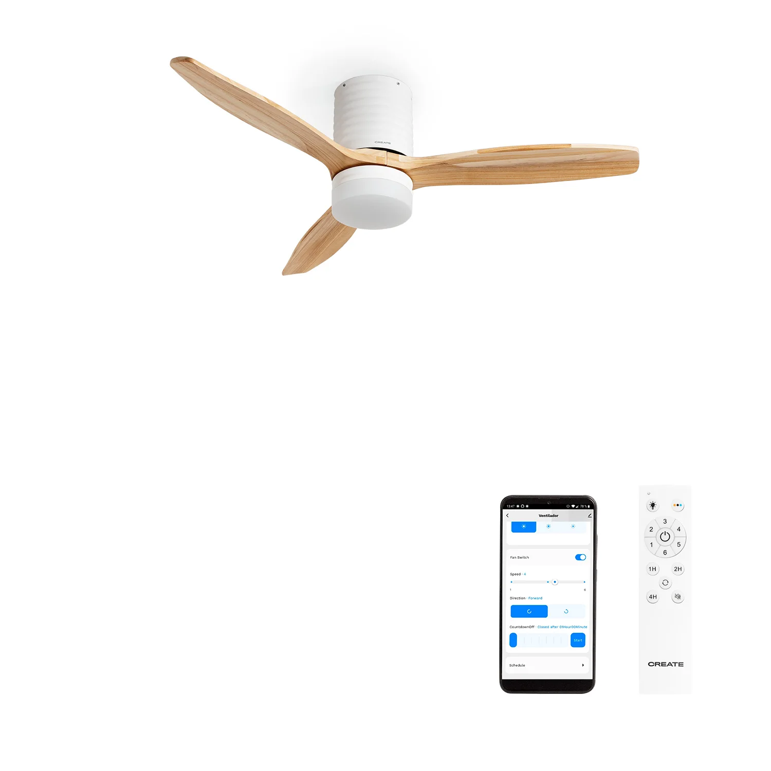 Create - 40w silent ceiling fan ø132 cm 100% wood, 6 speeds, summer/winter function, white motor horizontal lines, wind calm line
