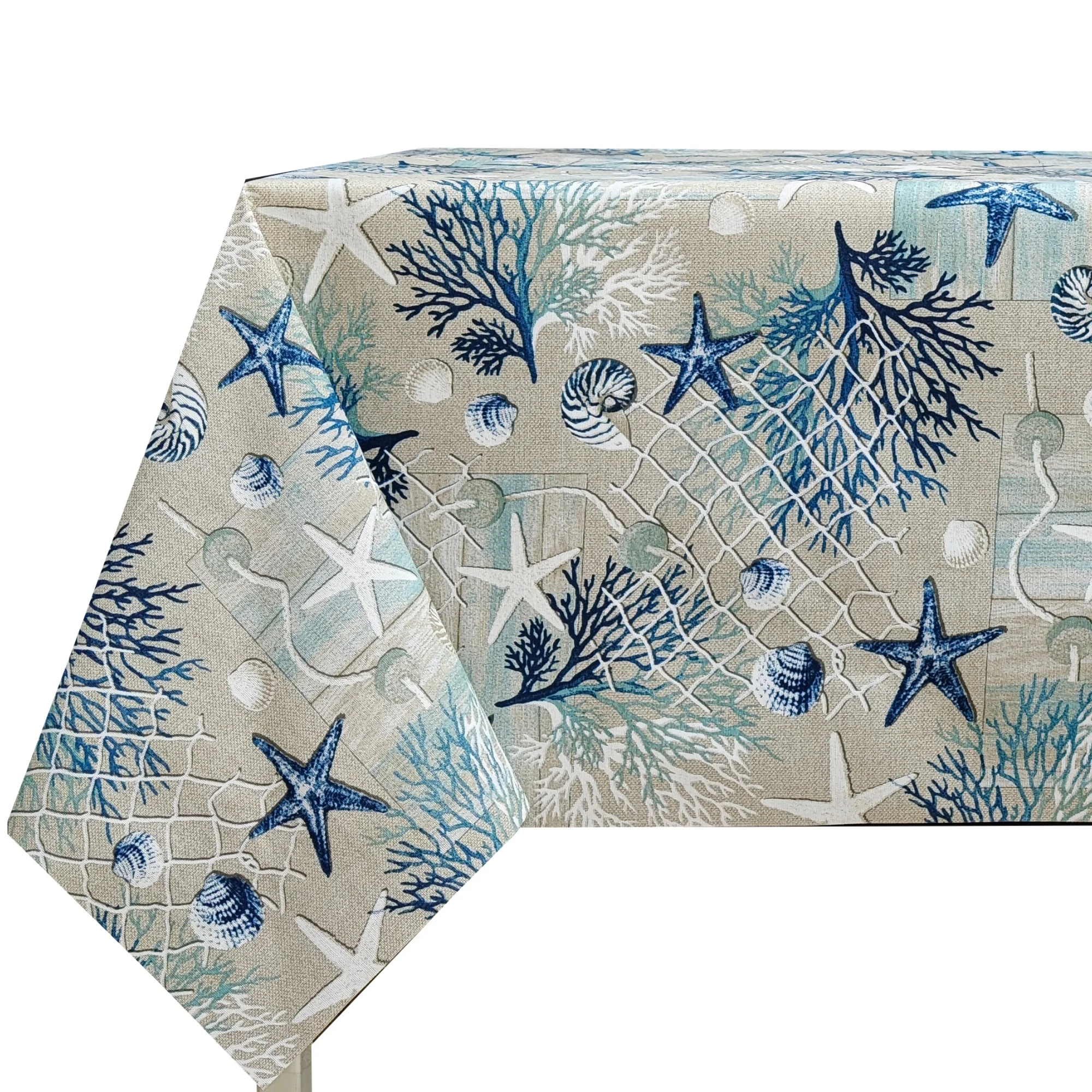 Mantel de tela resinada antimanchas rectangular, diseño marino con estrellas de mar y coral en tonos azul y beige, fácil de limpiar, ideal para cocina, comedor y terraza.