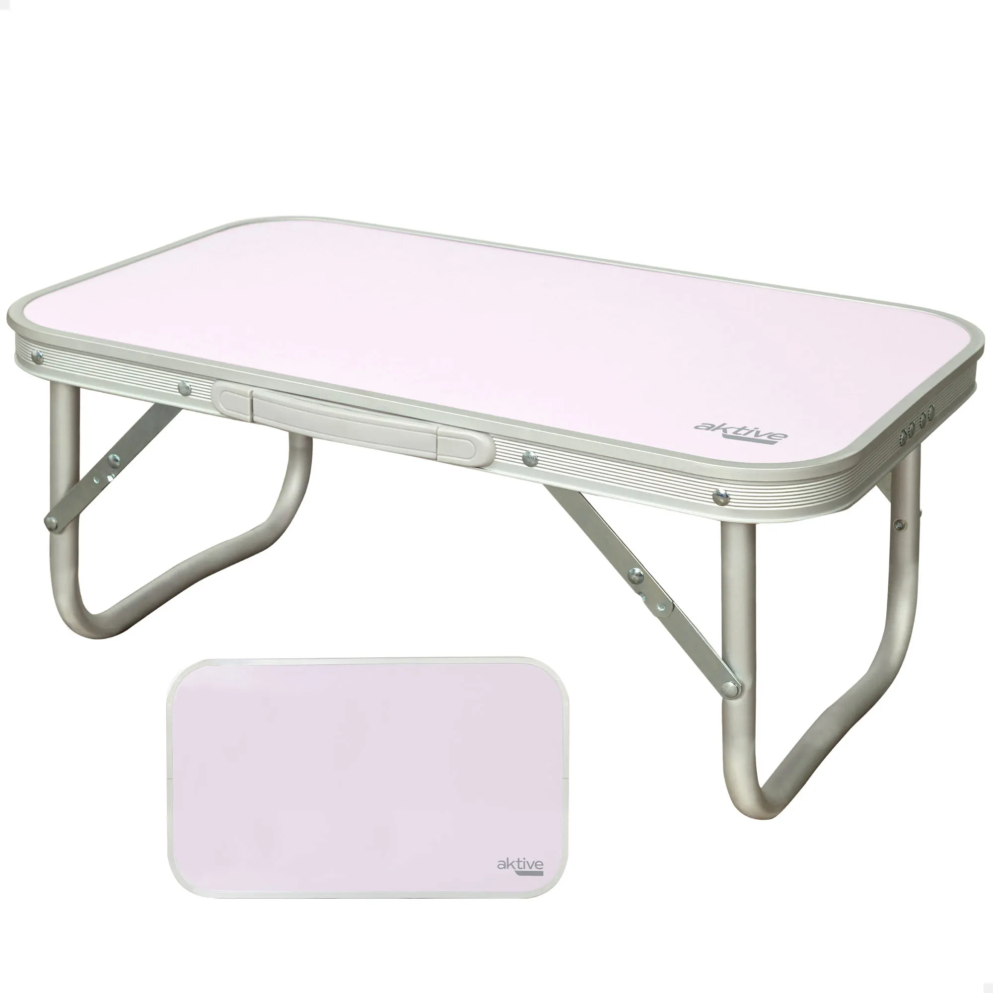Aktive - Mesa baja plegable camping, color malva, 56x34x24 cm, uso exterior, patas plegables, soporta 30 kg, estructura aluminio (tubo 19 mm), tablero madera MDF, antideslizante, plegado compacto,